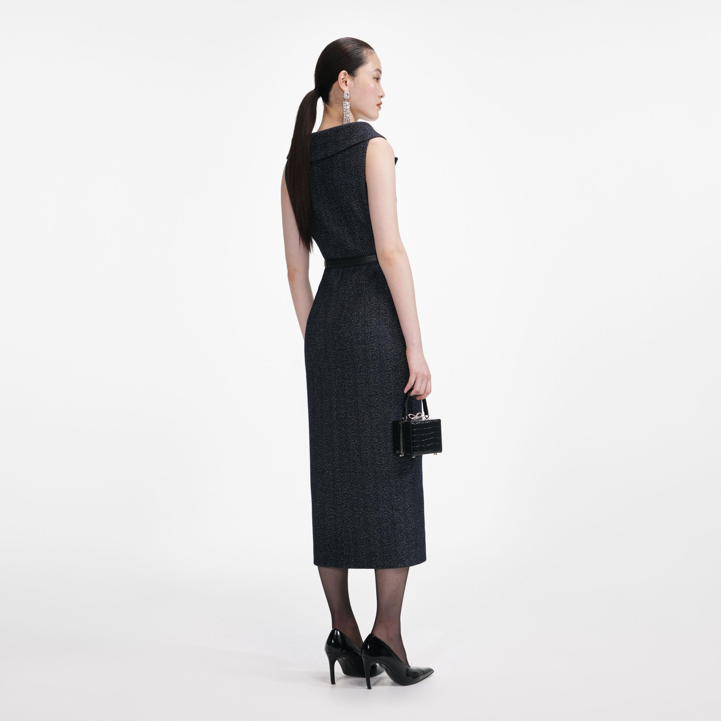 Navy Herringbone Wool Midi Dress Product Image