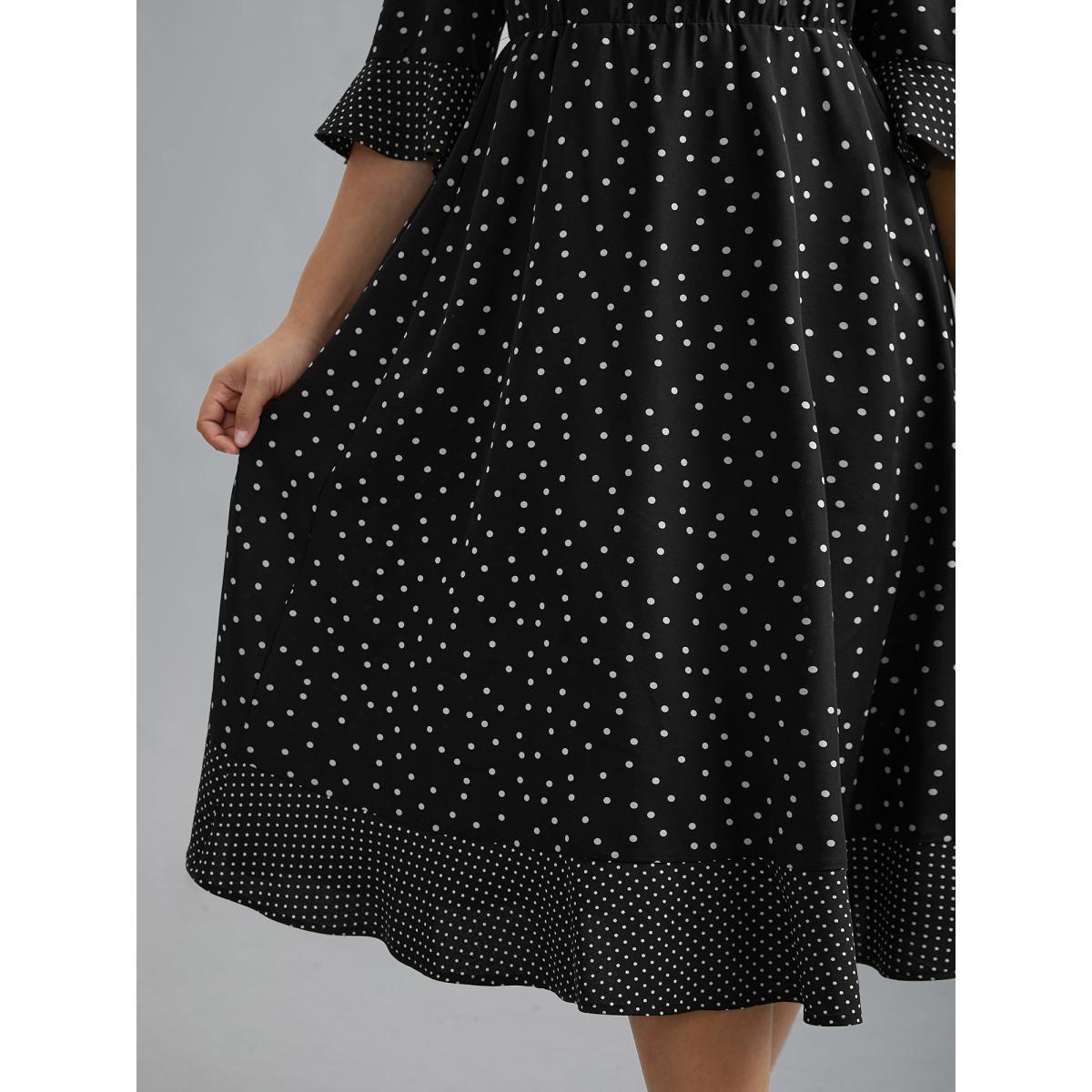 Plus Size Crew Neck Polka Dot Waist Cinched Dress Black Women At the Office Patchwork Round Neck Elbow-length sleeve Curvy BloomChic 28/5X Product Image
