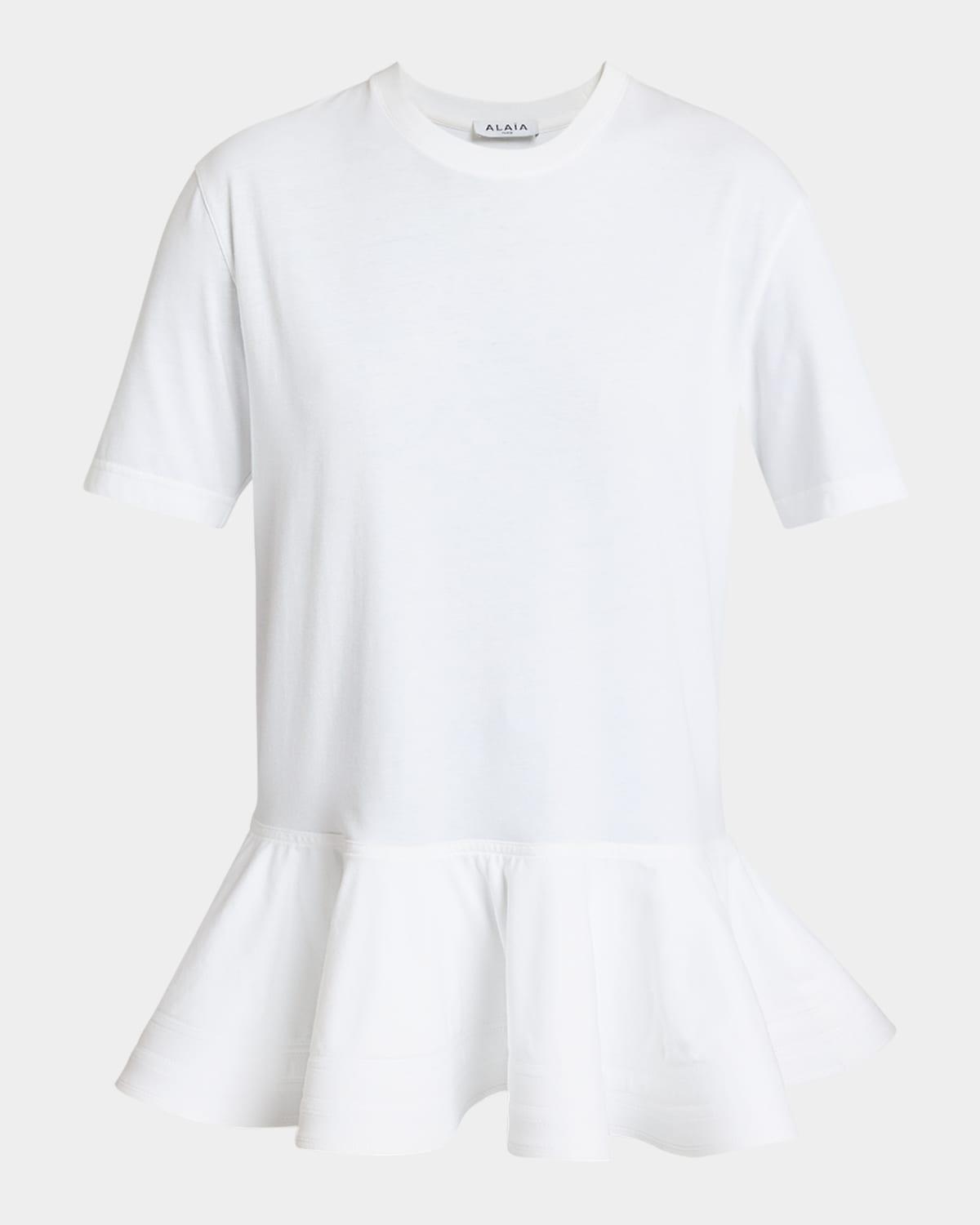 ALAÏA Oversized Poplin-trimmed Cotton-jersey Peplum T-shirt In White Product Image