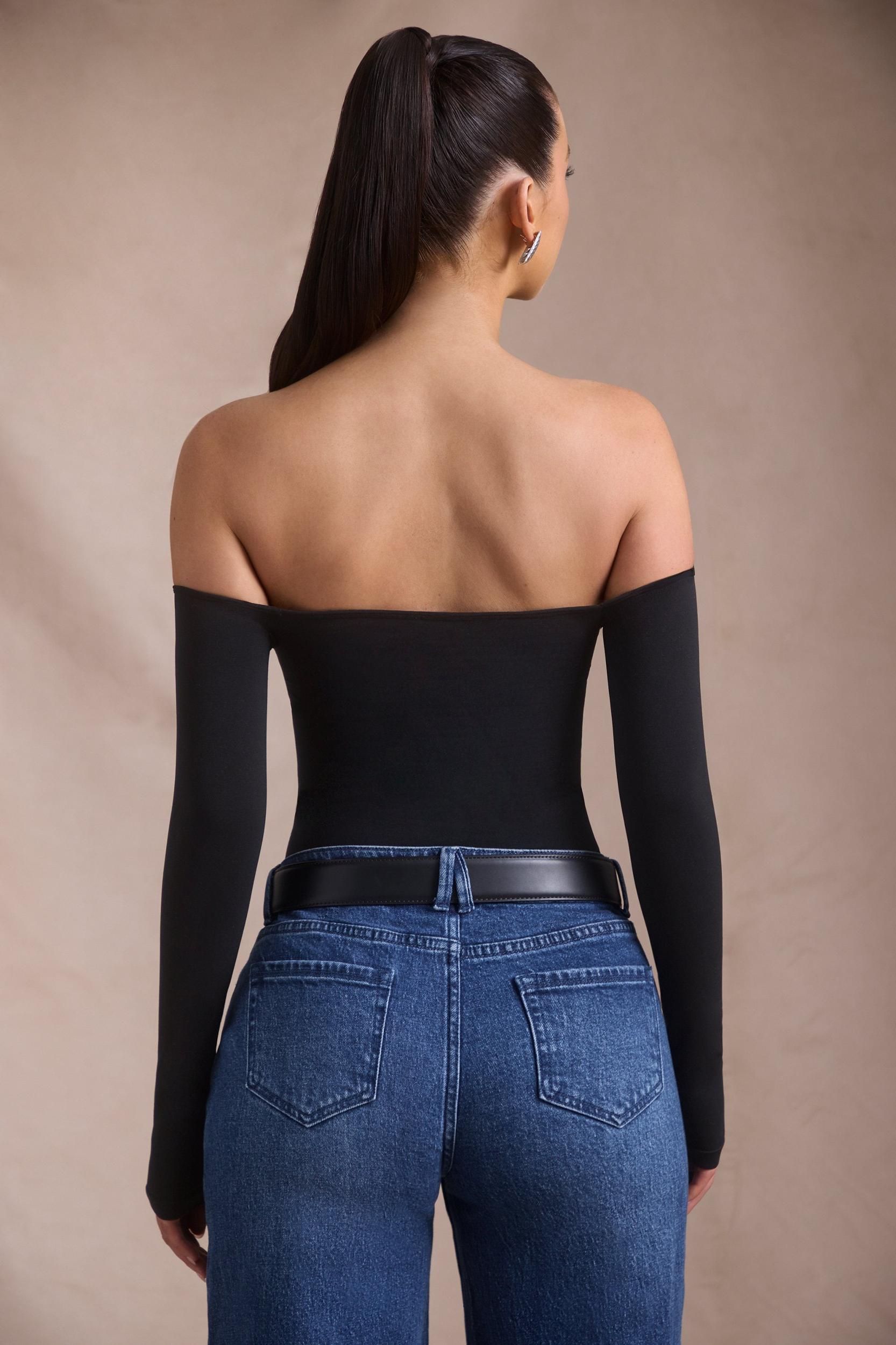 Seamless Off-Shoulder Long-Sleeve Bodysuit in Black Female Product Image