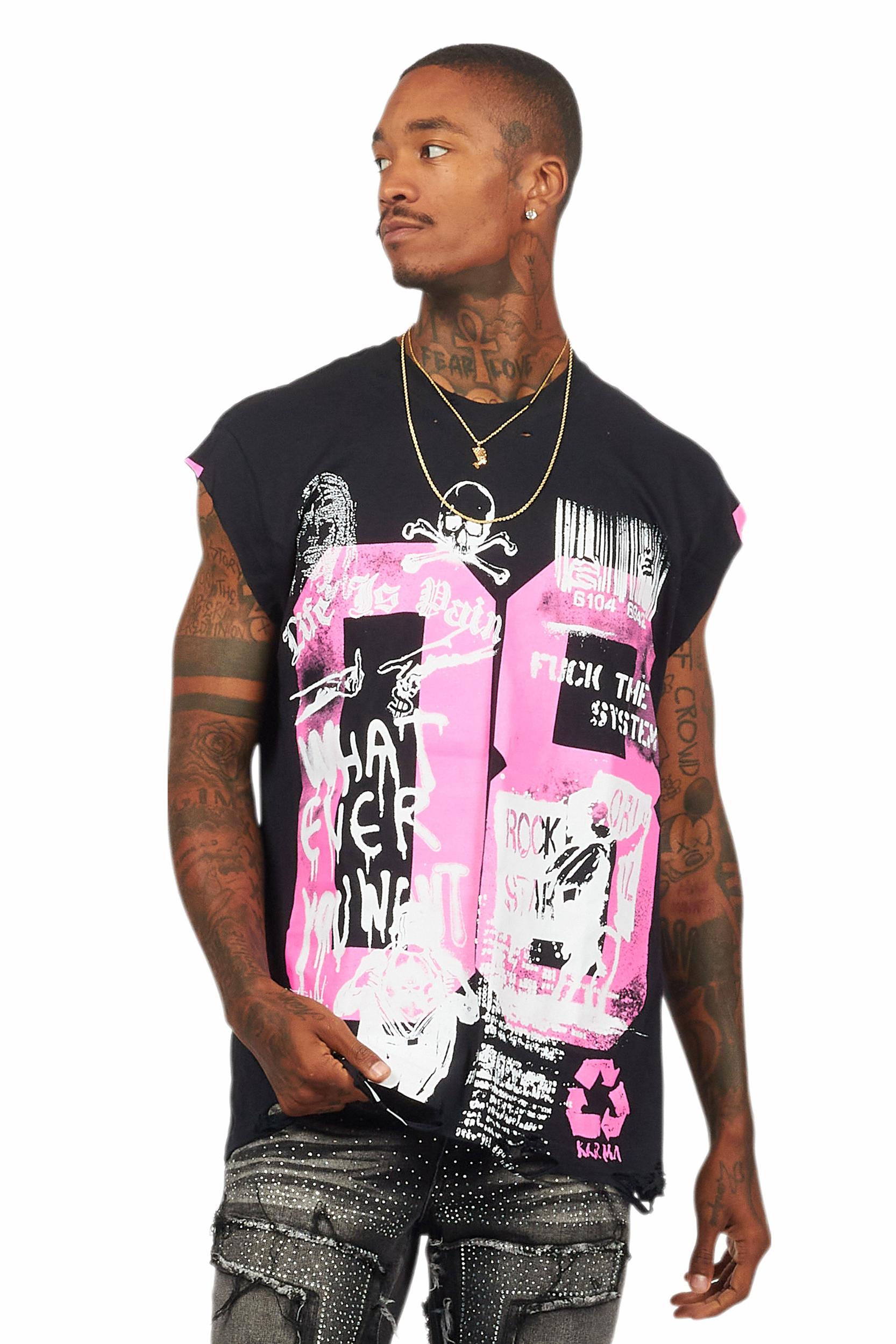 Grill Black/Pink Graphic Muscle T-Shirt Male Product Image