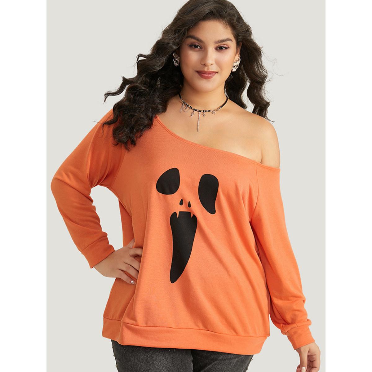 Plus Size Halloween Print One Shoulder Raglan Sleeve Sweatshirt Women OrangeRed Casual Printed Festival-Halloween Sweatshirts BloomChic 14-16/1X Product Image