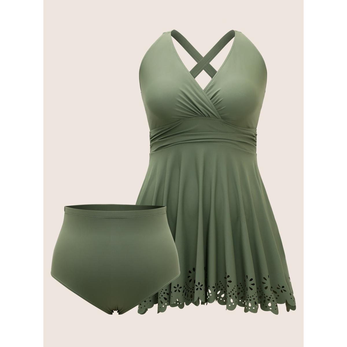 Plus Size Laser Cut Overlap Collar Bodycon Swim Dress Women's Swimwear ArmyGreen Beach Bodycon V-neck High stretch Curve Swim Dresses BloomChic 22-24/3X Product Image