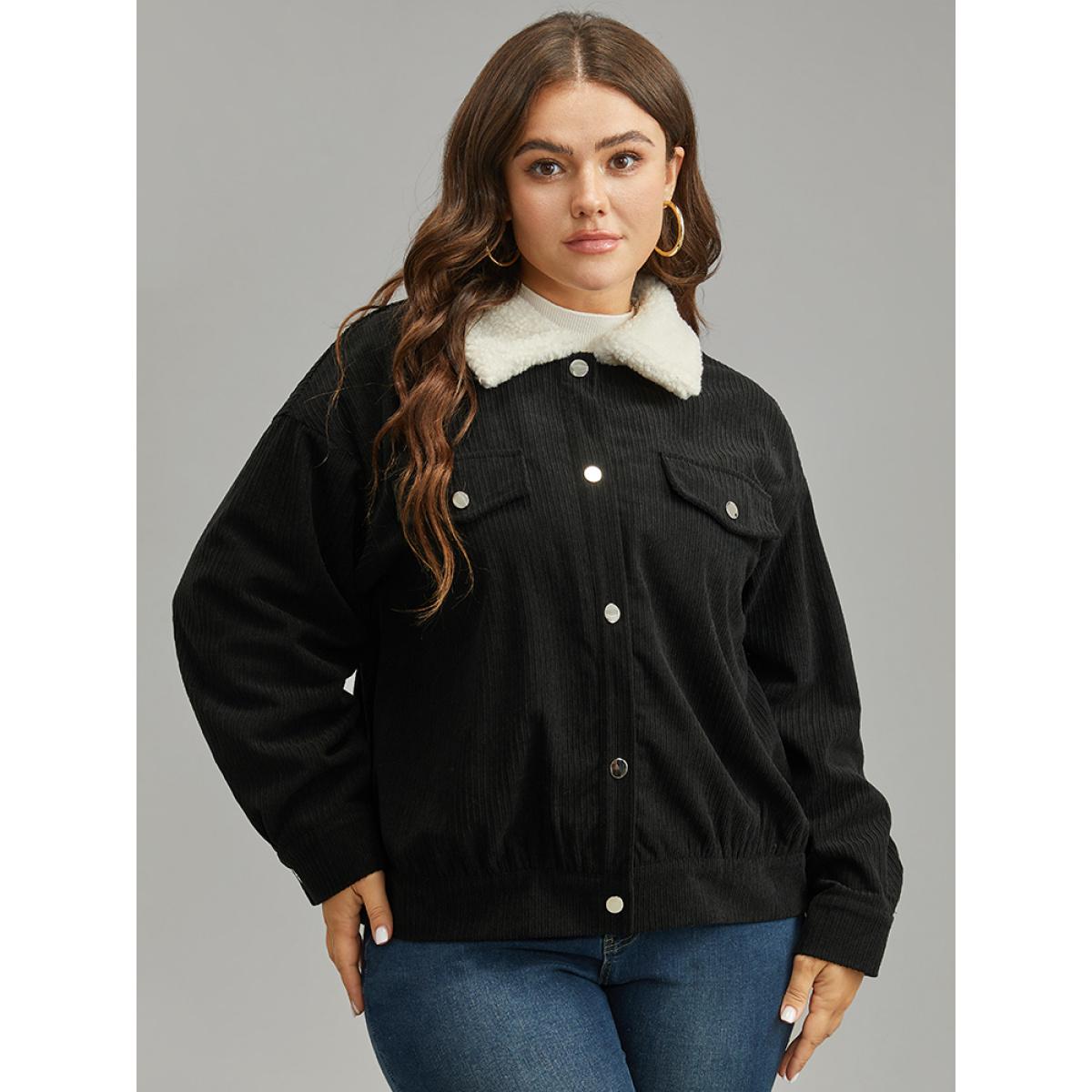 Plus Size Contrast Patchwork Metal Detail Shacket Women Black Contrast Dailywear Jackets BloomChic 12/L Product Image