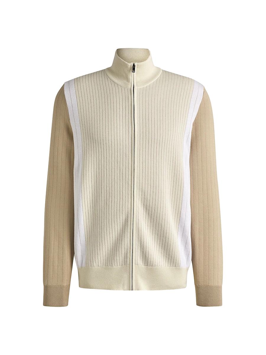 Mens Zip-Up Cotton Cardigan with Knitted Pinstripes Product Image