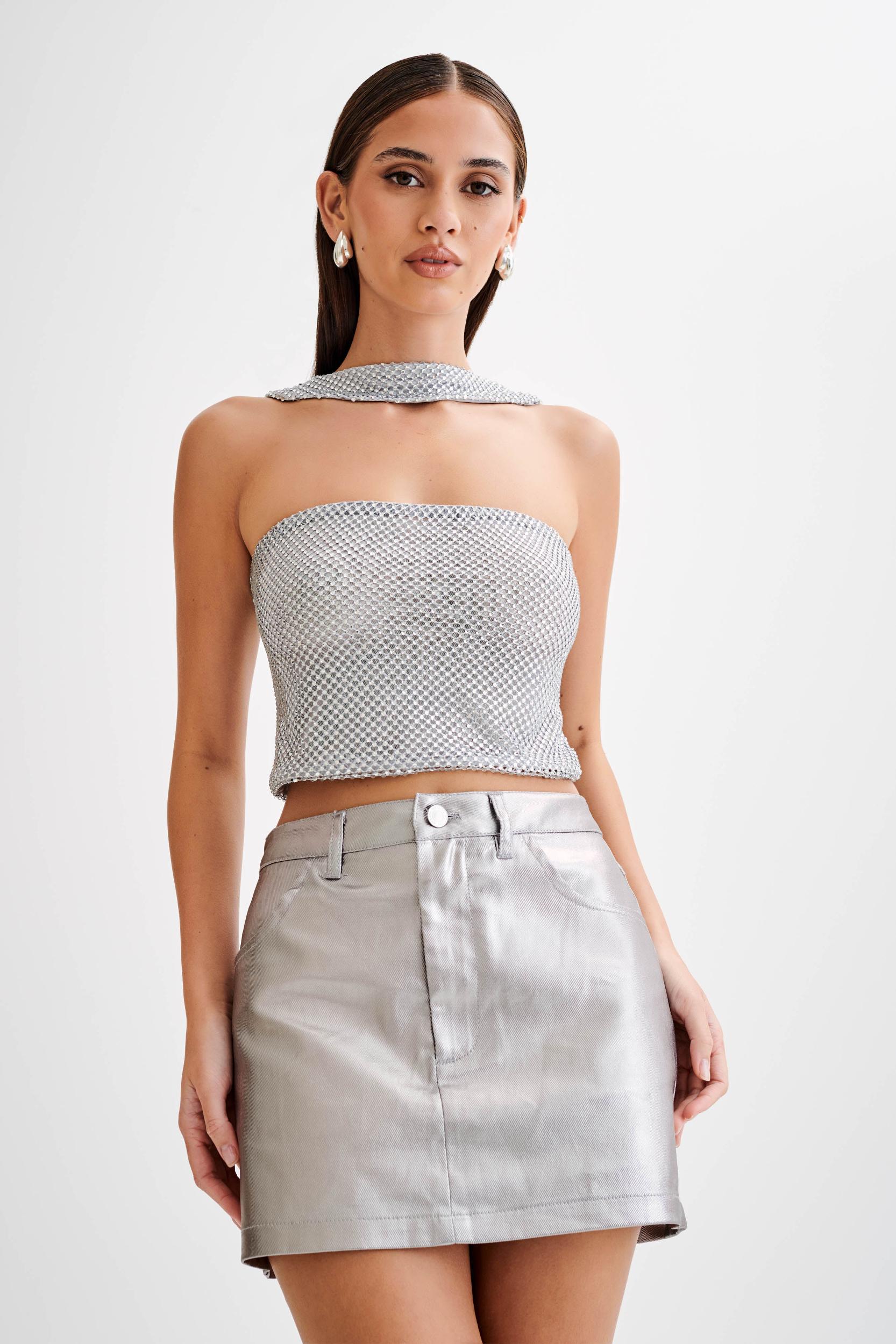Agnes Diamante Mesh Halter Top - Silver Product Image