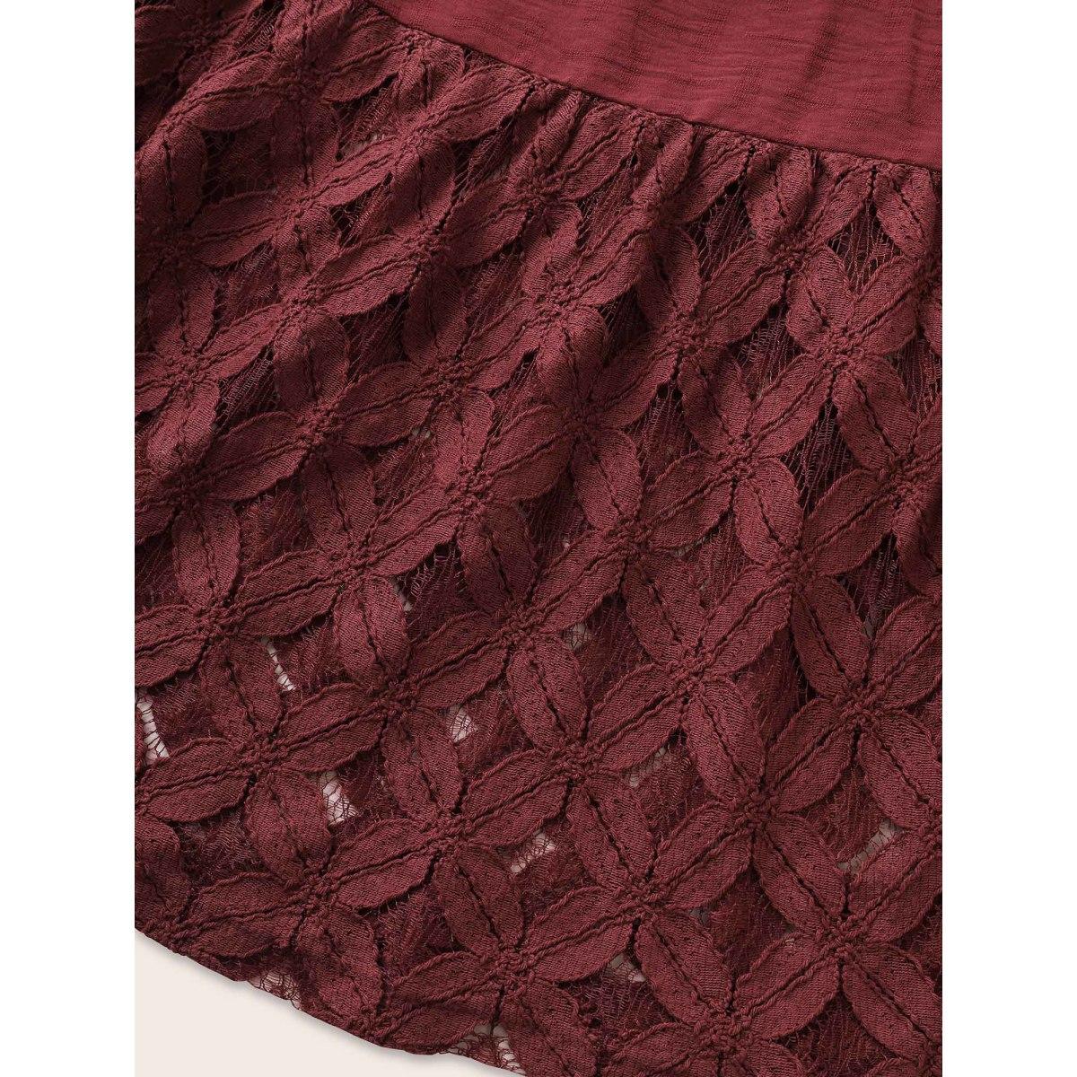 Plus Size Crochet Lace Mesh Button Detail Drawstring Dress Burgundy Women Resort Tie knot V-neck Half Sleeve Curvy Midi Dress BloomChic 18-20/2X Product Image