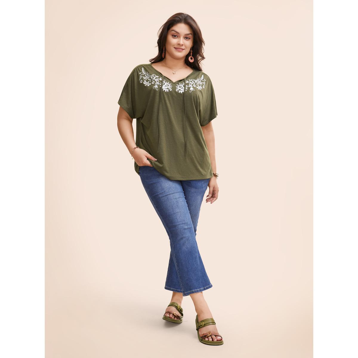 Plus Size Floral Embroidered Tie Knot Dolman Sleeve T-shirt ArmyGreen Women Resort Tie knot Art&design V-neck Vacation T-shirts BloomChic 26/4X Product Image