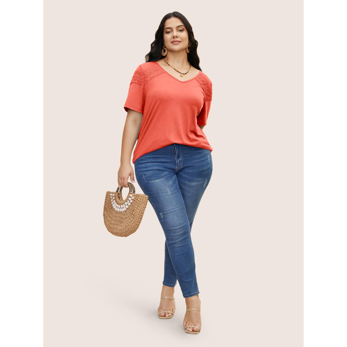 Plus Size Plain V Neck Lace Panel T-shirt OrangeRed Women Resort Patchwork V-neck Vacation T-shirts BloomChic 22-24/3X Product Image
