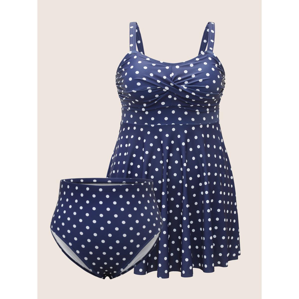 Plus Size Polka Dot Ruched Fit Flare Swim Dress Women's Swimwear Indigo Beach Bodycon Strapless High stretch Curve Swim Dresses BloomChic 12/L Product Image