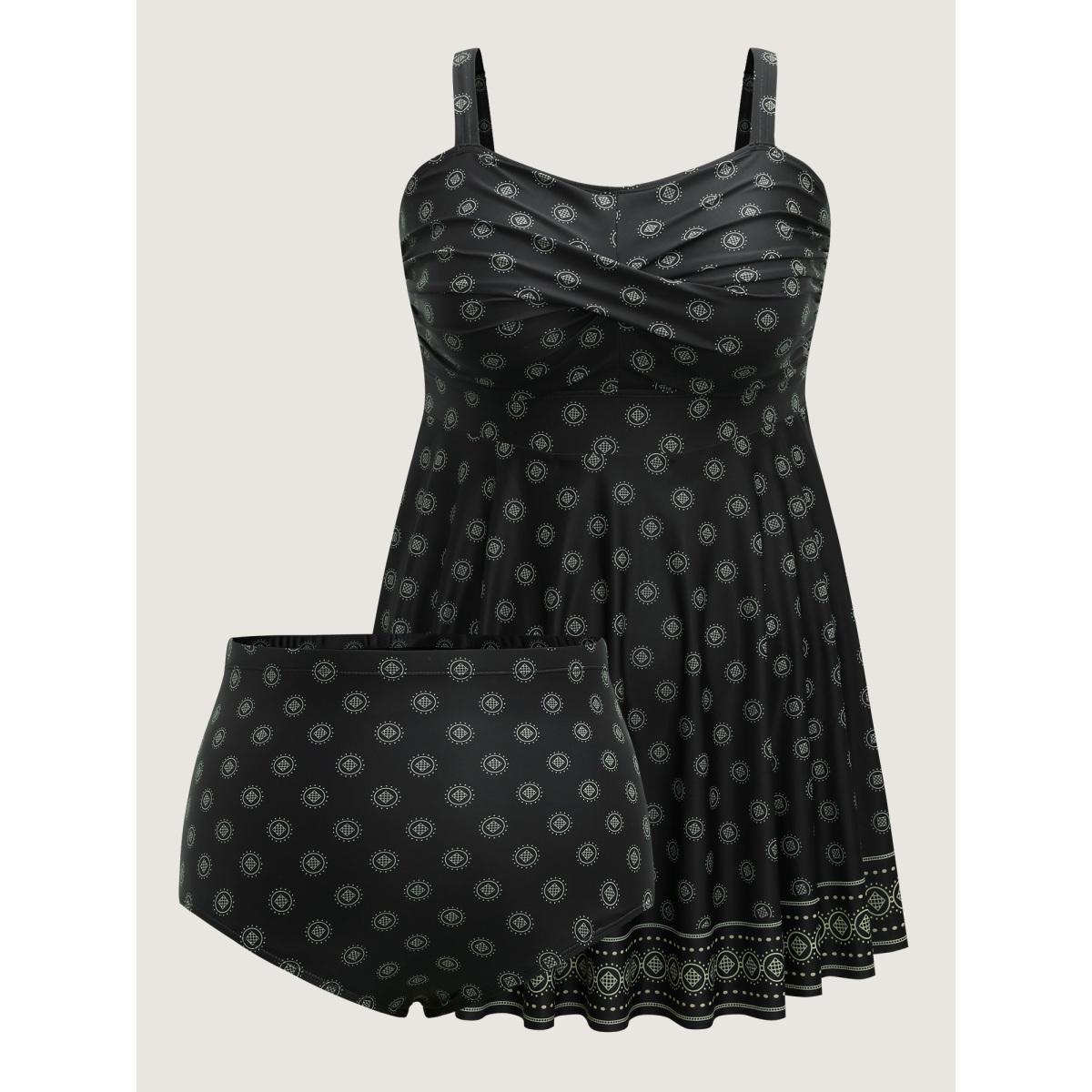 Plus Size Boho Print Twist Front Swim Dress Women's Swimwear Black Resort Bodycon Heart neckline High stretch Curve Swim Dresses BloomChic 30/6X Product Image