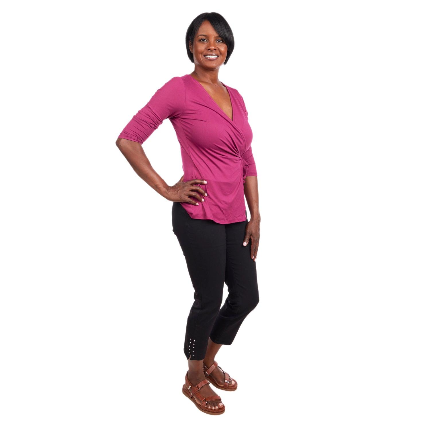 Inner Beauty Solid 3/4 Sleeve Surplice Front V-Neck Top Product Image