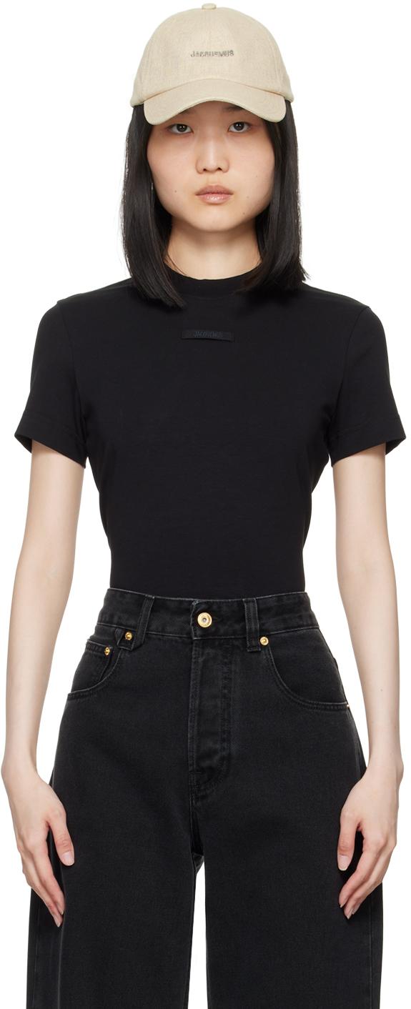 JACQUEMUS Black Fitted T-shirt With Logo Patch In Stretch Cotton Woman Product Image