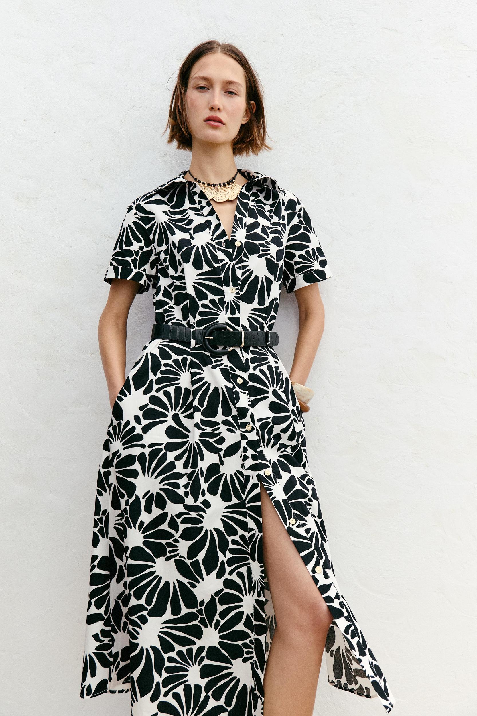 PRINTED POPLIN MIDI DRESS WITH BELT Product Image