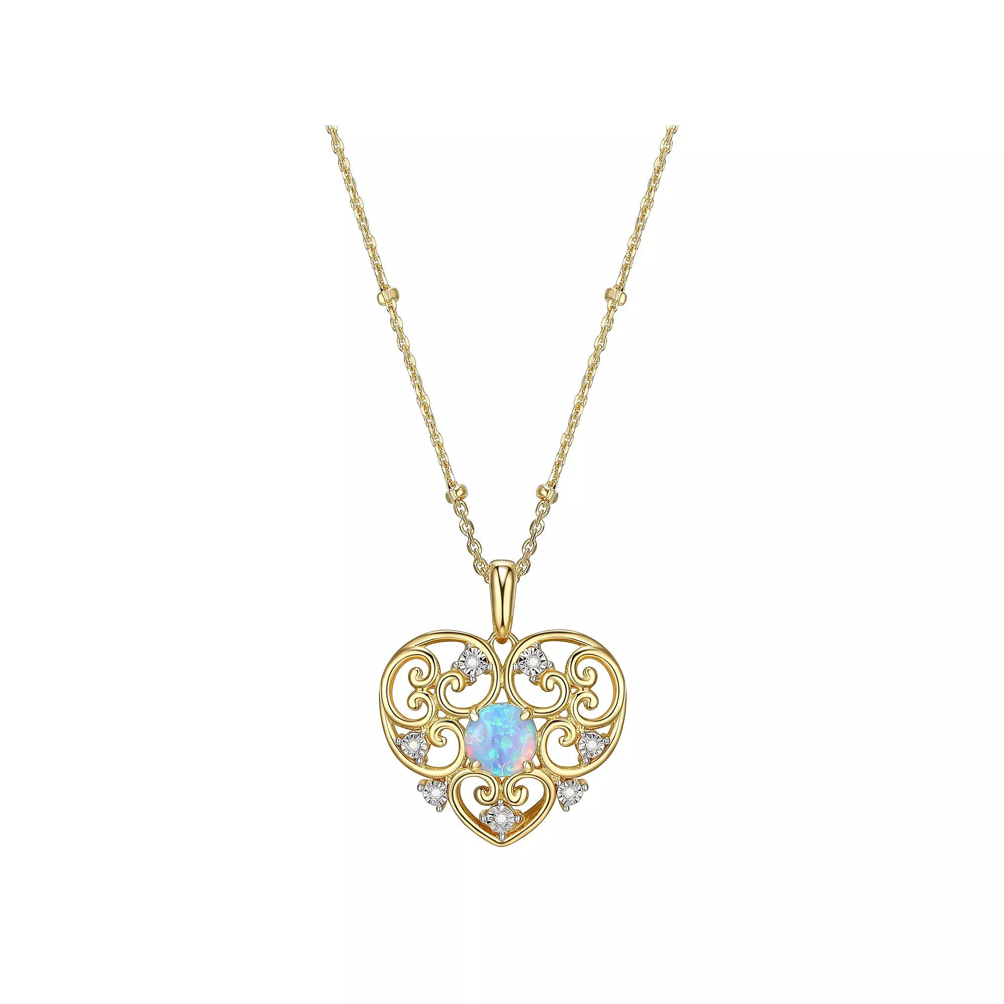 18k Gold Over Silver Lab Created Blue Opal & Diamond Accent Filigree Heart Pendant, Women's, Size: 18", Gold Tone Product Image