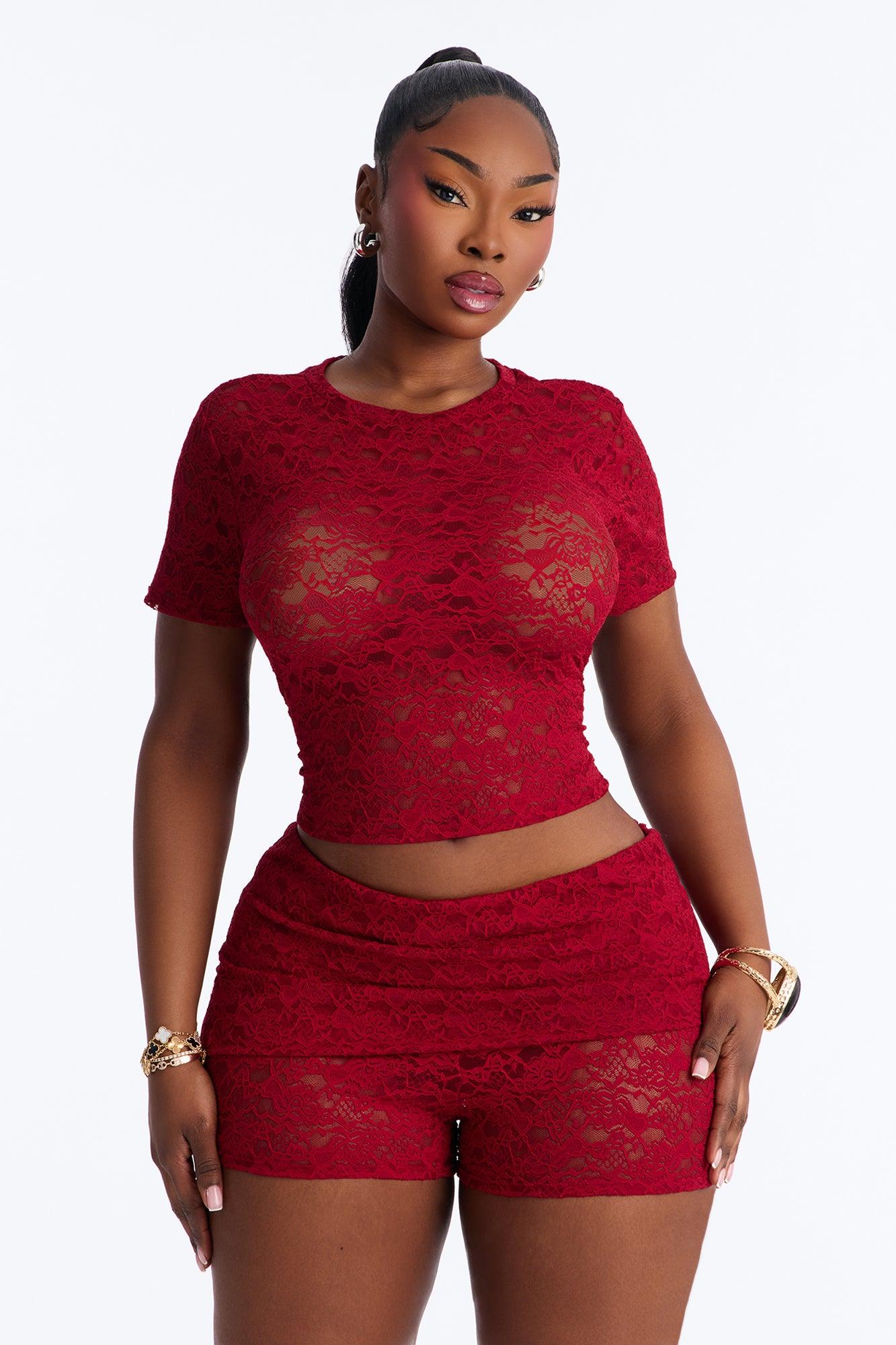 Ava Lace Short Set - Red Female Product Image