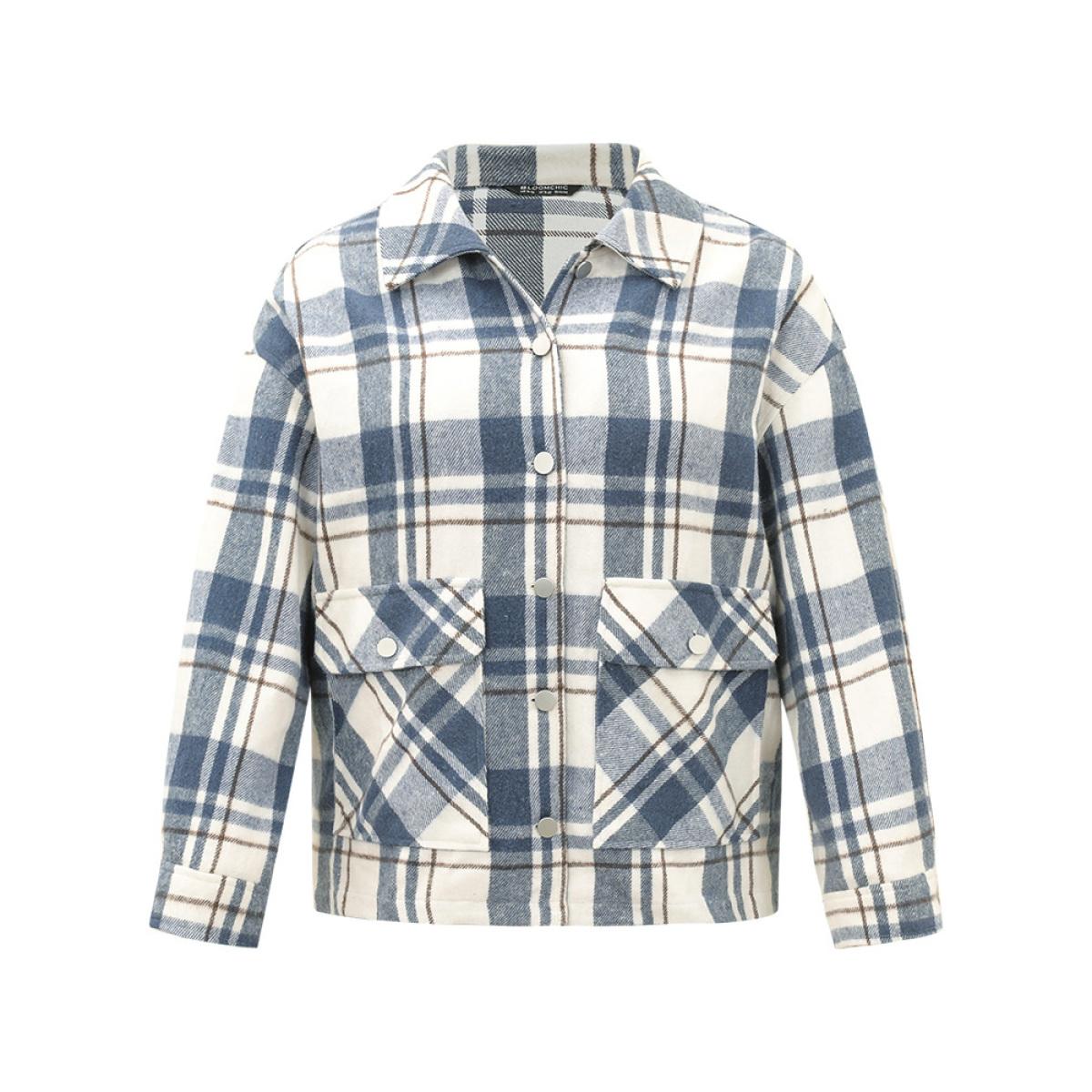 Plus Size Plaid Lapel Collar Metal Detail Pocket Shacket Women DarkBlue Casual Contrast Ladies Everyday Winter Coats BloomChic 22-24/3X Product Image