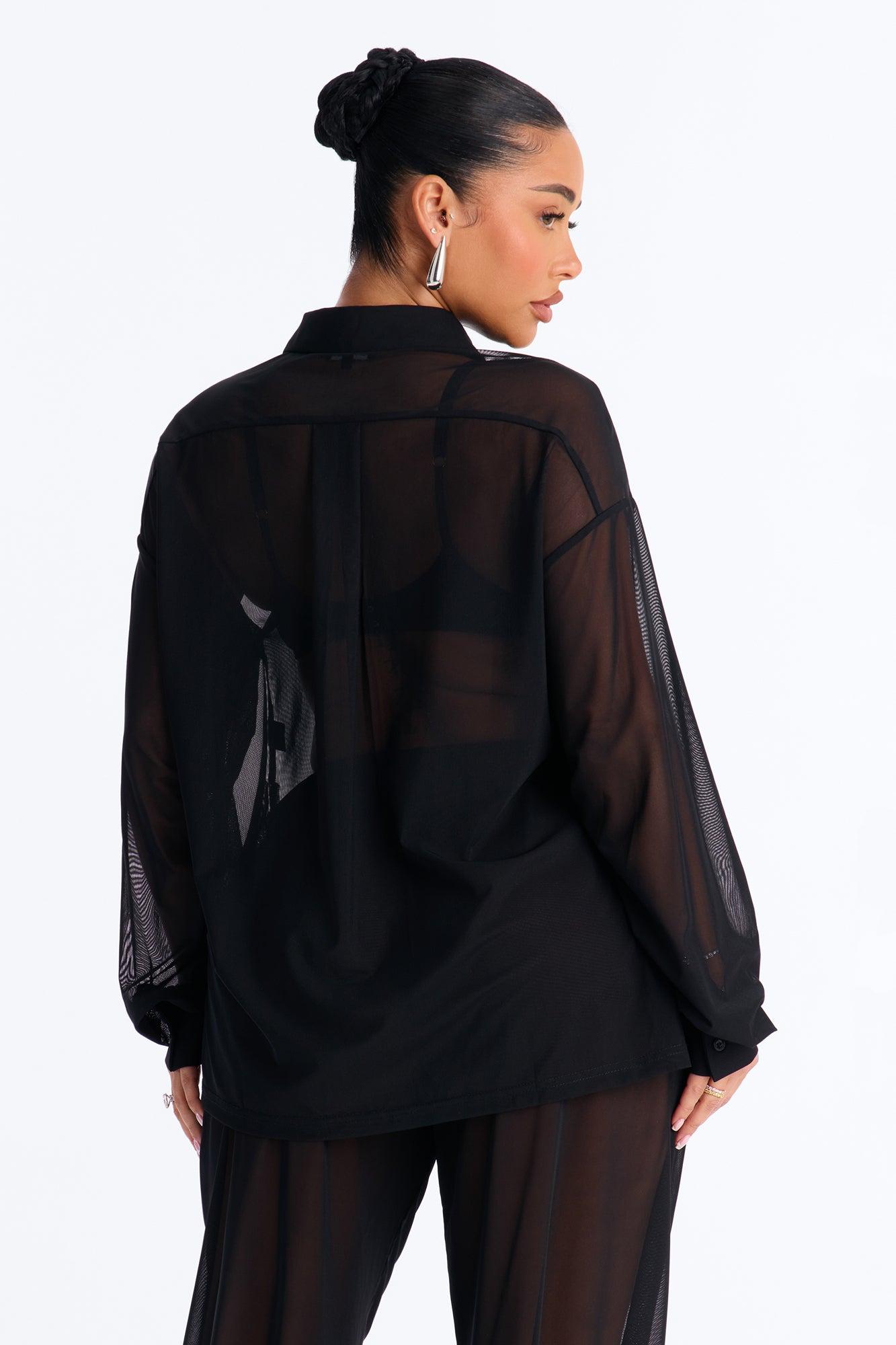 Staying In Mesh Collard Long Sleeve Shirt - Black Female Product Image