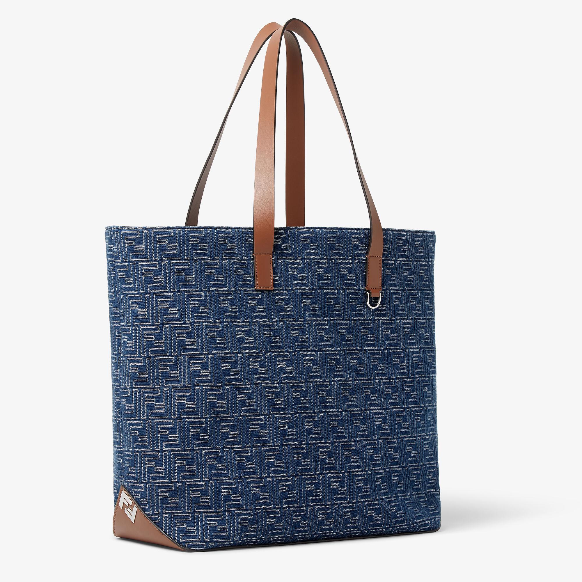 FF Shopping Bag MediumBlue denim-effect FF Jacquard and brown leather bag Product Image