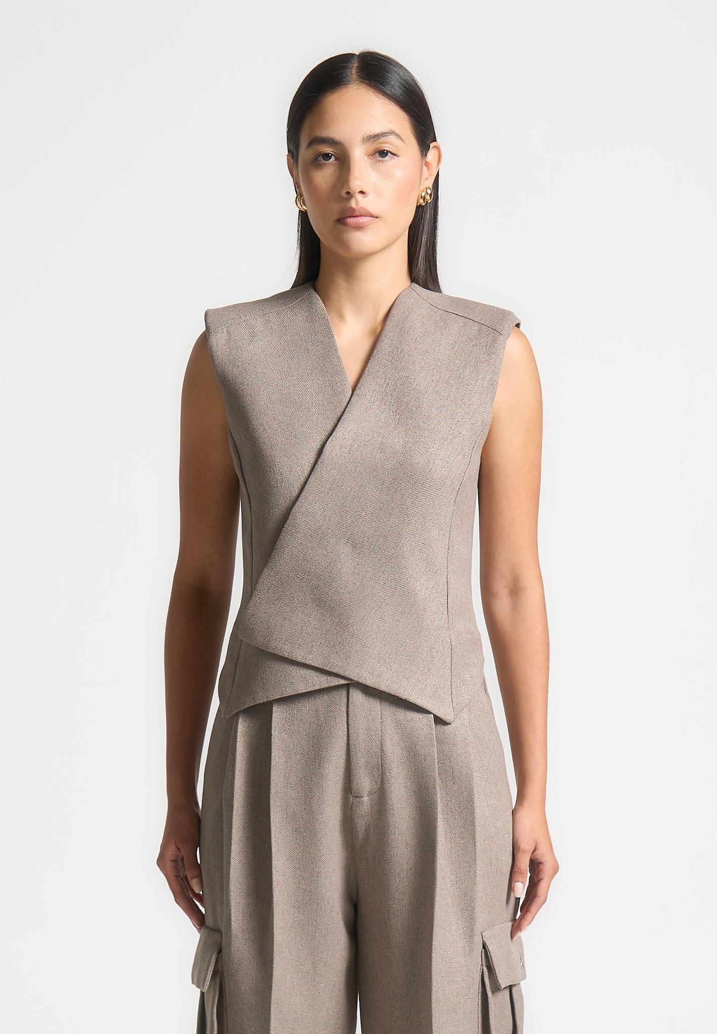 Laurence - Textured Tailored Wrap Waistcoat - Taupe Female Product Image
