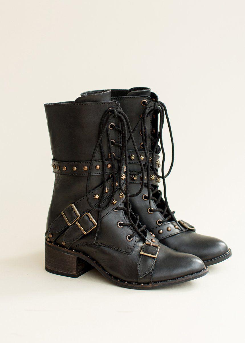 Rowan Leather Combat Boot in Distressed Black Female Product Image