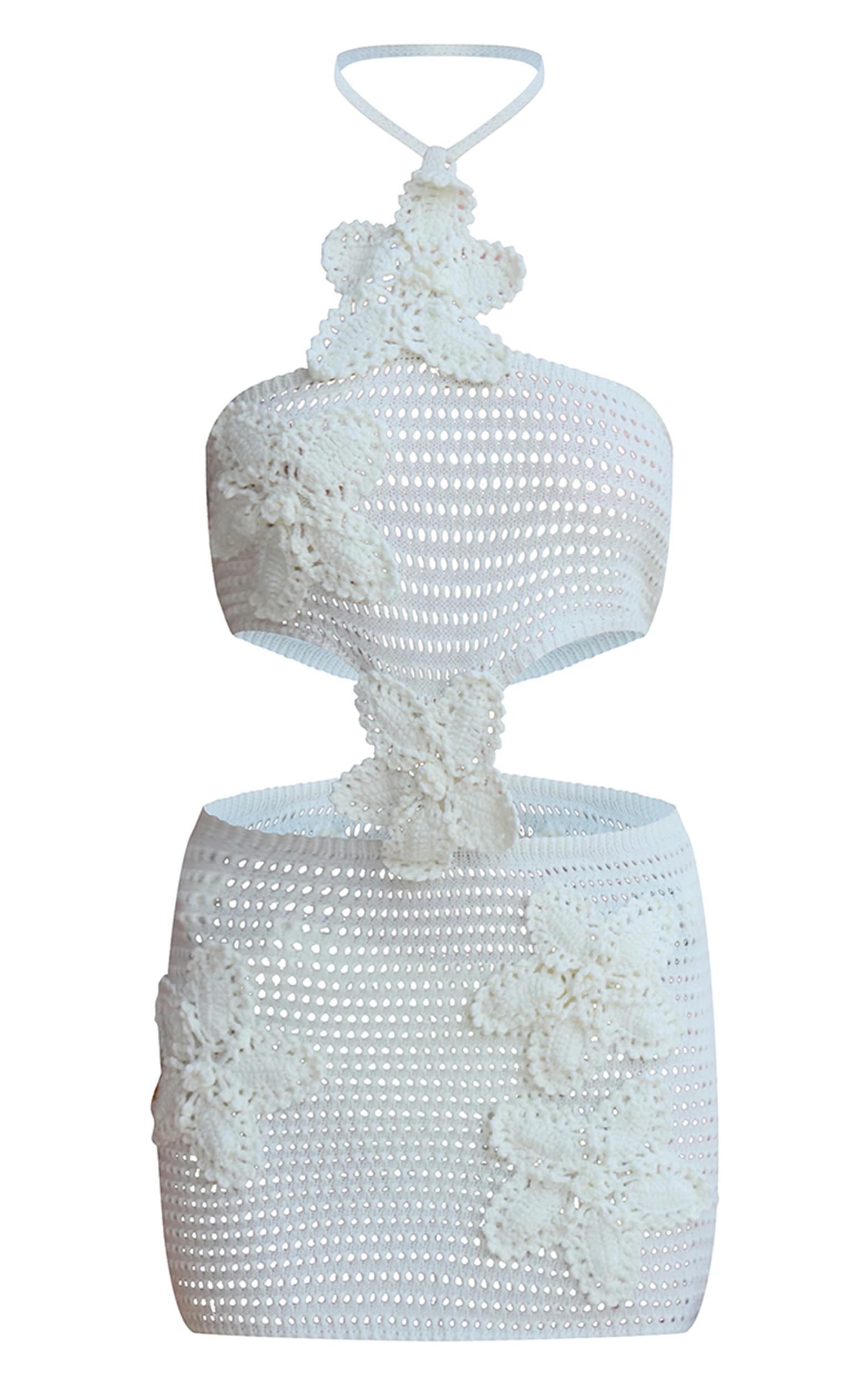 White Crochet Applique Flower Cut Out Mini Dress Product Image