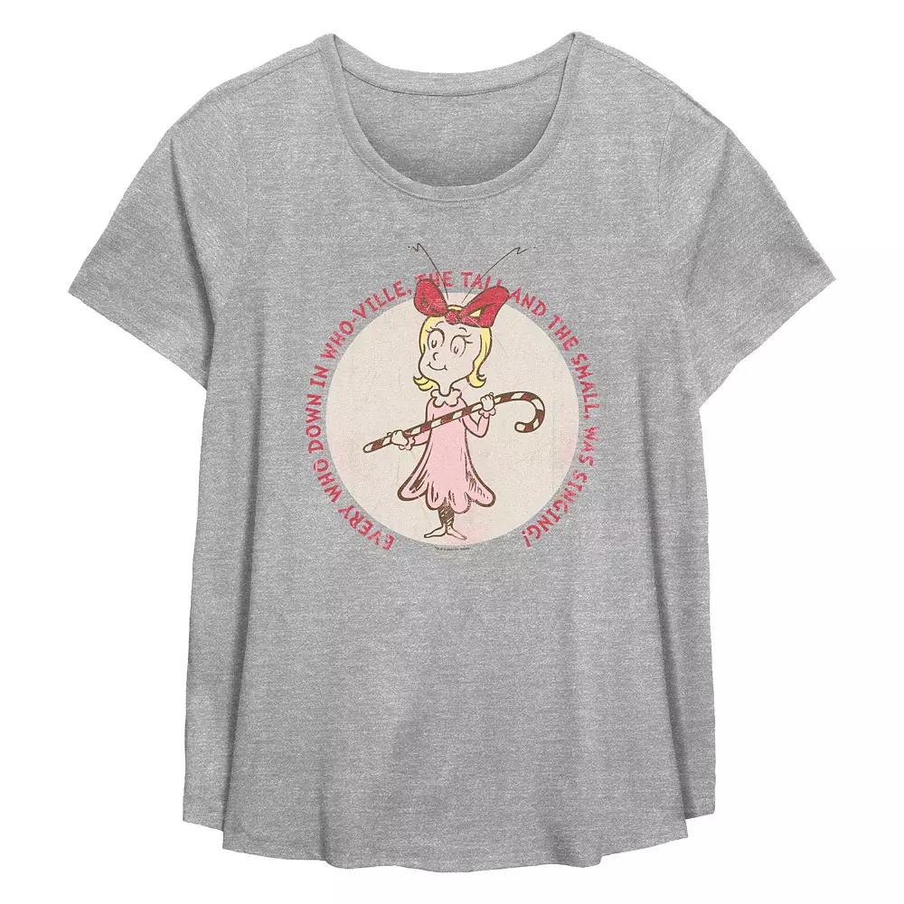 Plus Size Dr. Seuss Grinch Cindy Lou Who Stamp Flowy Graphic Tee, Womens Grey Gray Product Image