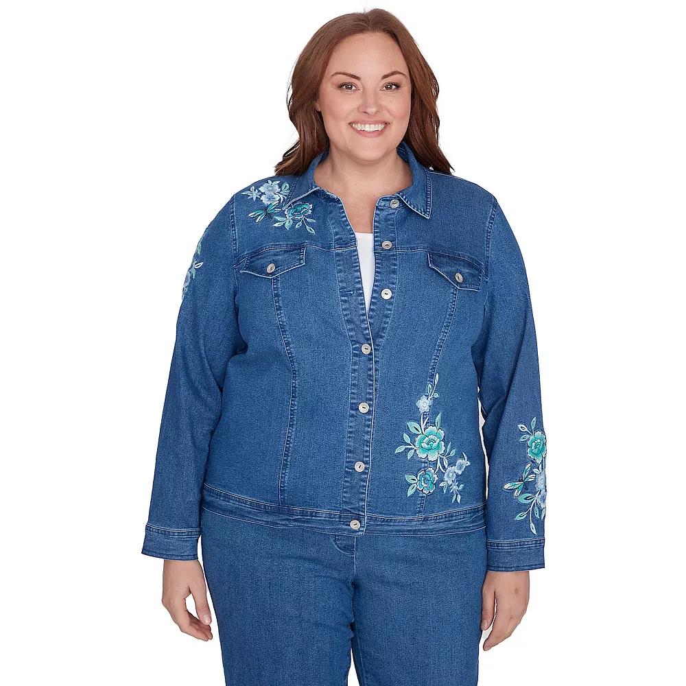 Plus Size Alfred Dunner Floral Embroidered Denim Jacket, Women's, Size: 2XL, Medium Blue Product Image