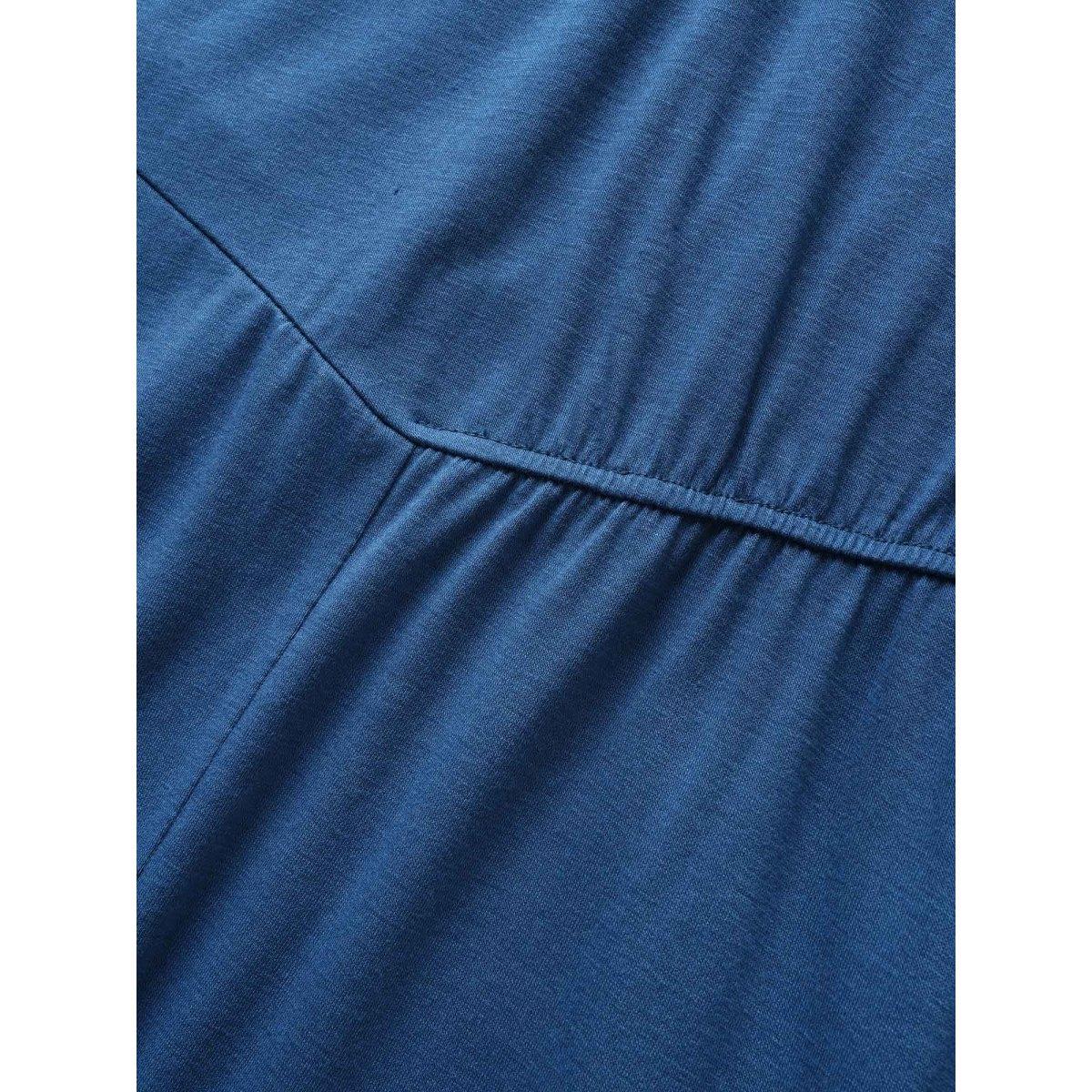 Plus Size Solid Crew Neck Asymmetrical Hem Dress Mediumblue Women Elegant Gathered Round Neck Cap Sleeve Curvy BloomChic 12/L Product Image