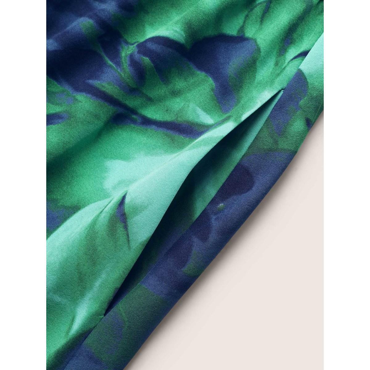 Plus Size Halter Watercolor Floral Belted Dress Emerald Women Elegant Gathered Halter neck Sleeveless Curvy BloomChic 28/5X Product Image