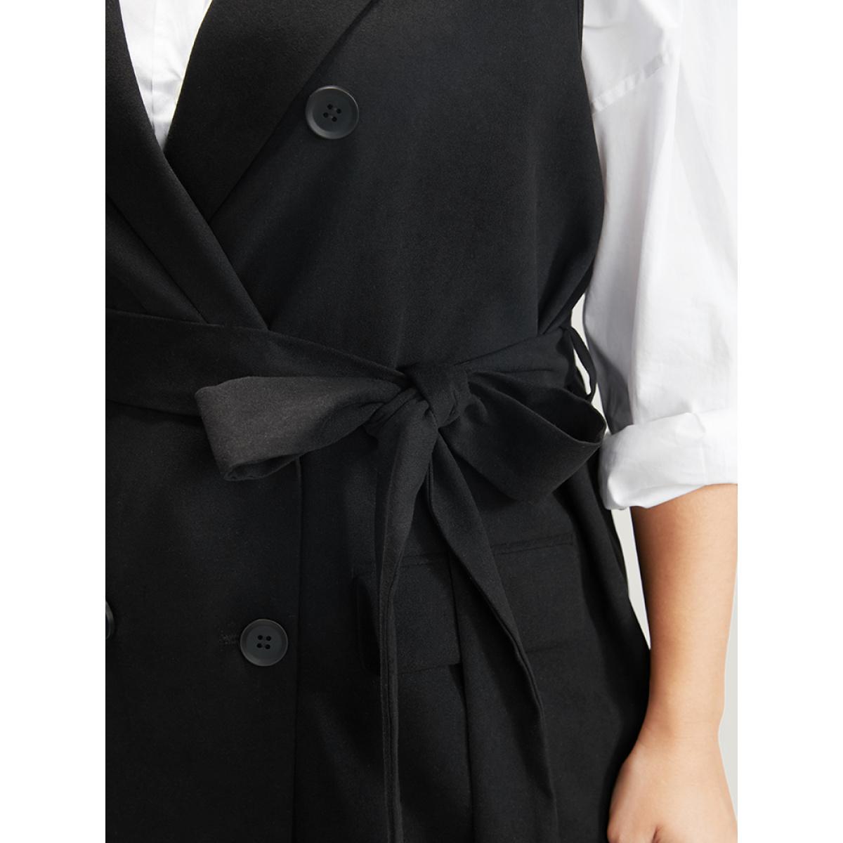 Plus Size Solid Flap Pocket Sleeveless Belt Blazer Black Women Work Plain Belted Sleeveless Sleeveless Lapel Collar 10/M Pocket Belt Office Blazers BloomChic Product Image