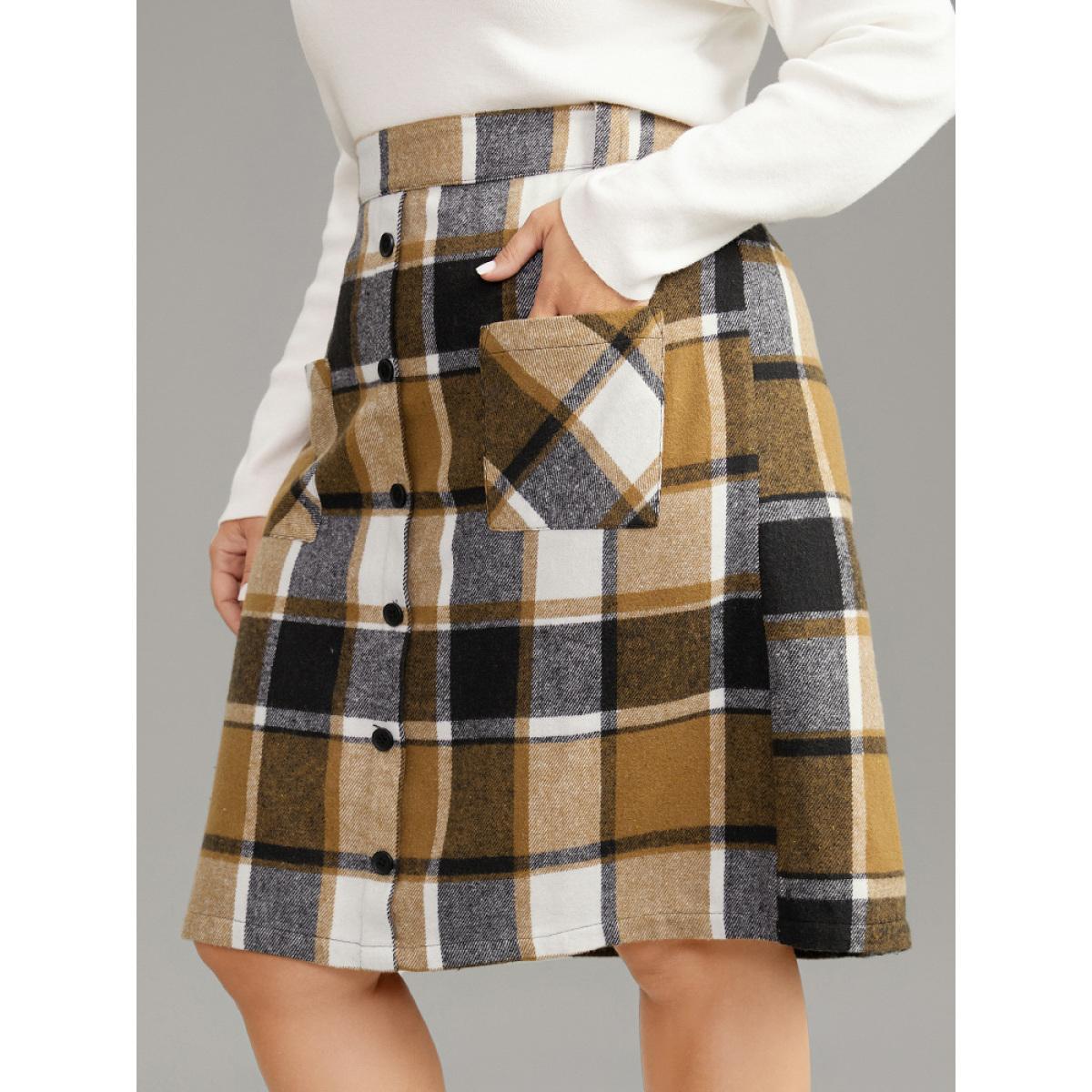 Plus Size Plaid Button Detail Patched Pocket Skirt Women Tan Office Elastic Waist Bodycon No stretch Pocket Office Skirts BloomChic 10/M Product Image