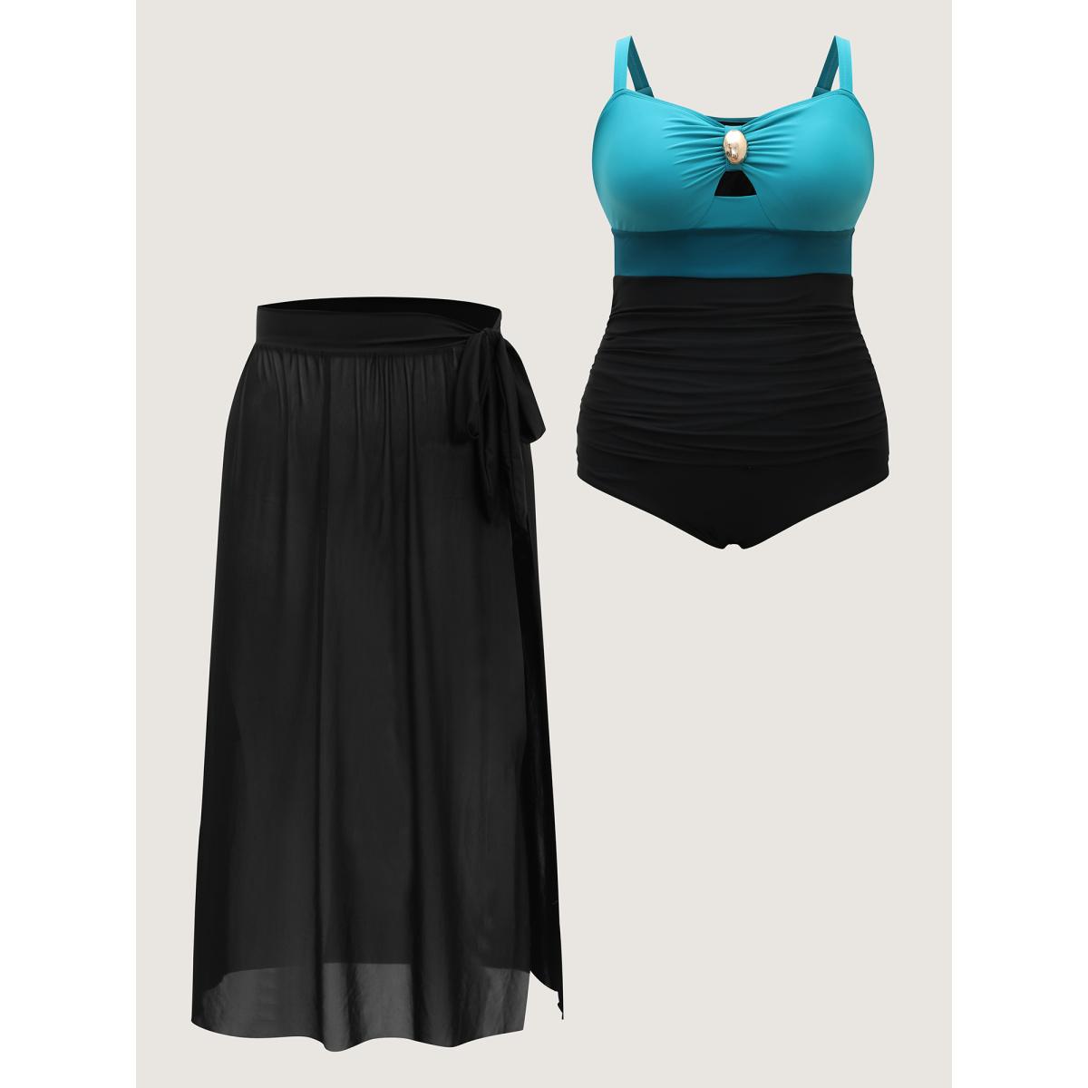 Plus Size Two-Piece Contrast Sheer Sarong Swimsuit Women's Swimwear Teal Beach Contrast Curve Bathing Suits High stretch One Pieces BloomChic 22-24/3X Product Image