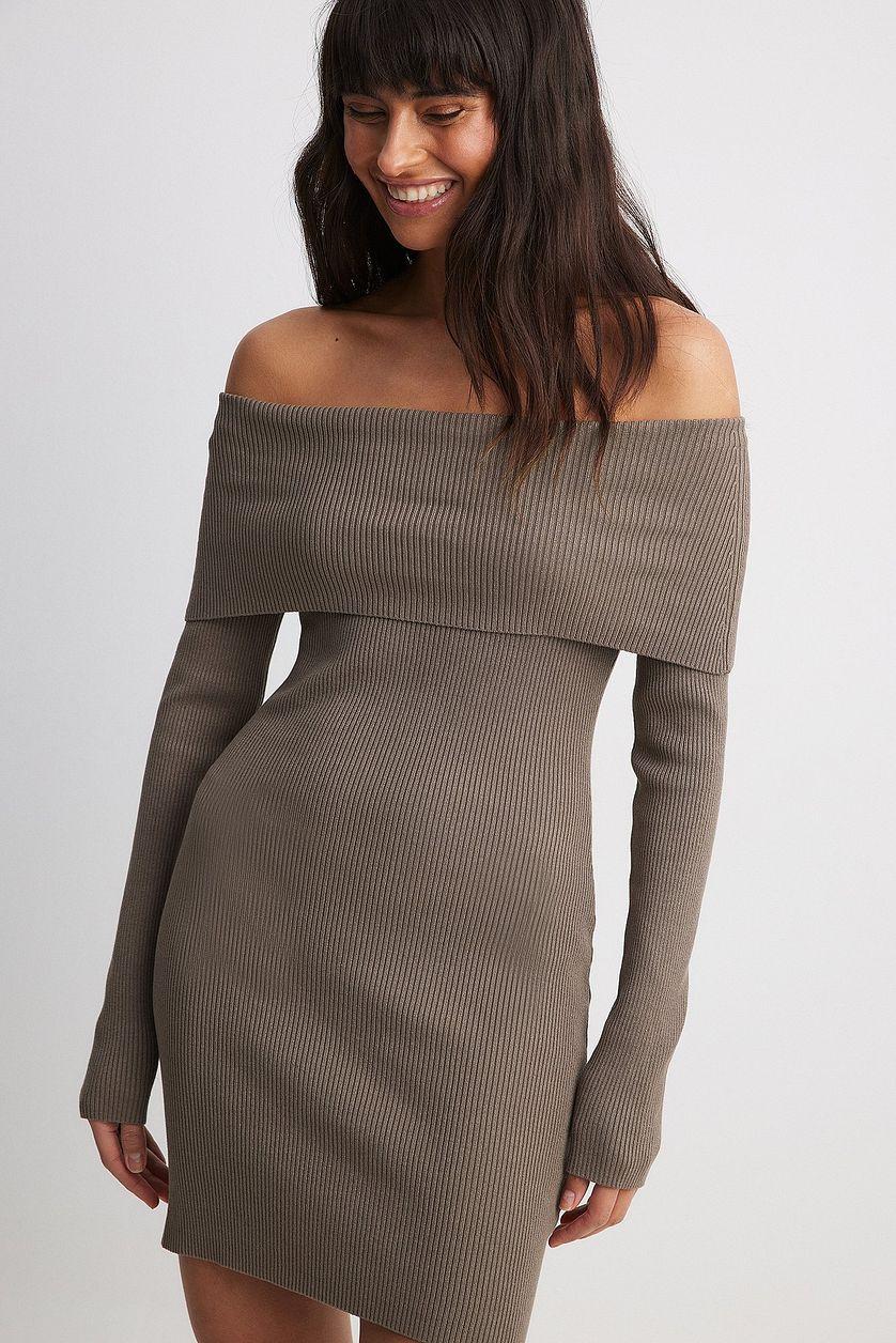 Folded Offshoulder Knitted Mini Dress Product Image
