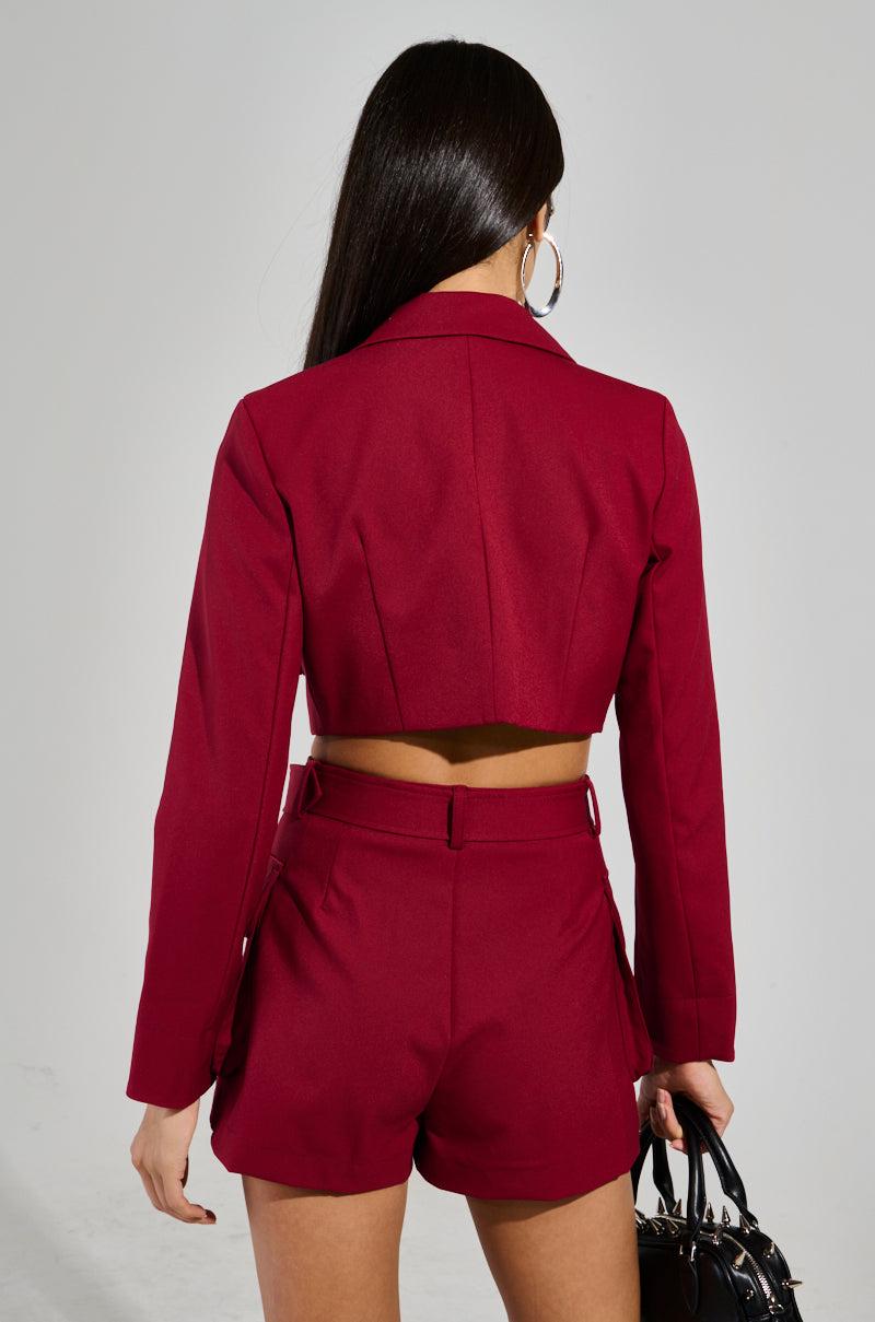 BETTER LUCK CROP BLAZER IN BURGUNDY Product Image
