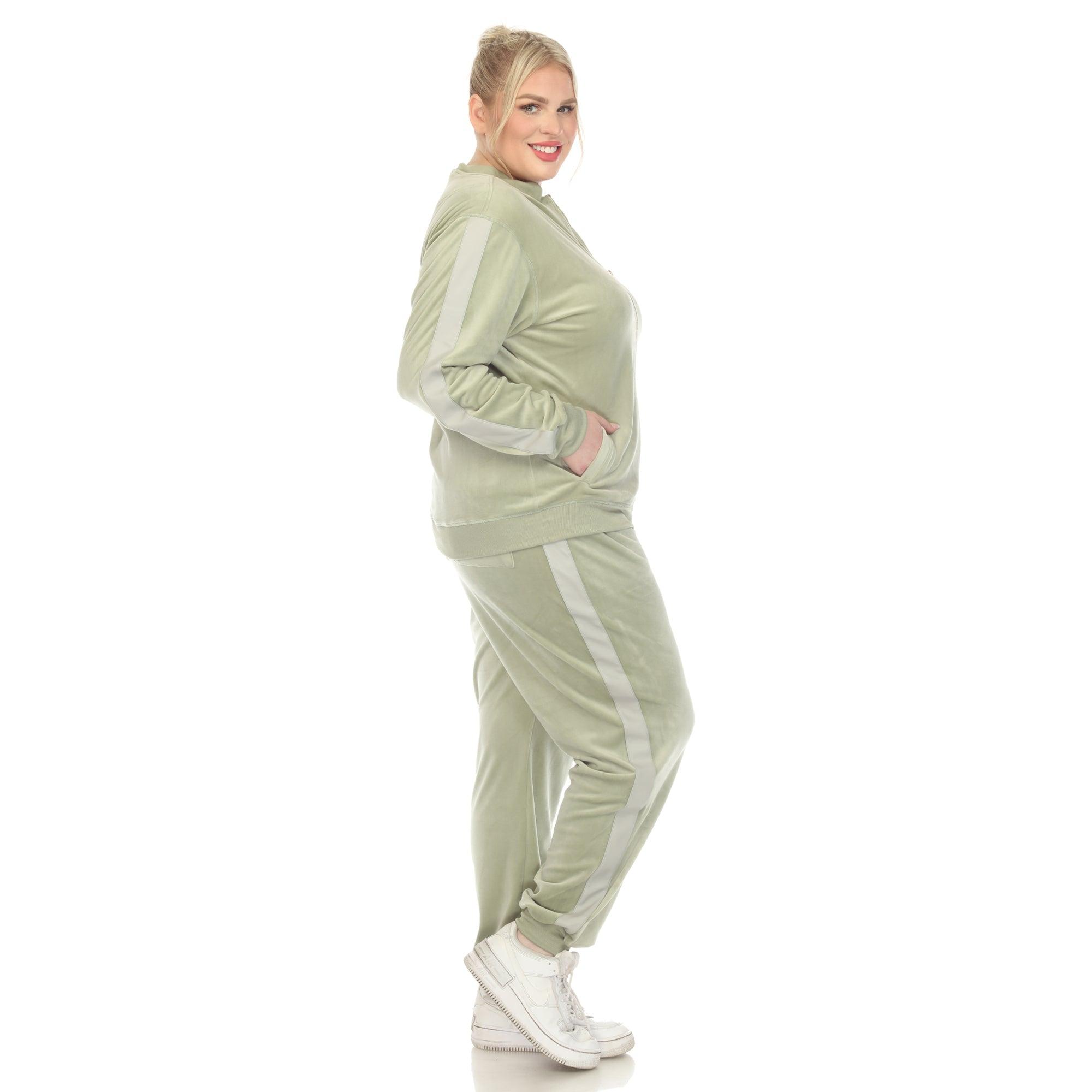 White Mark Women's 2-Piece Velour with Faux Leather Stripe - Plus Female Product Image