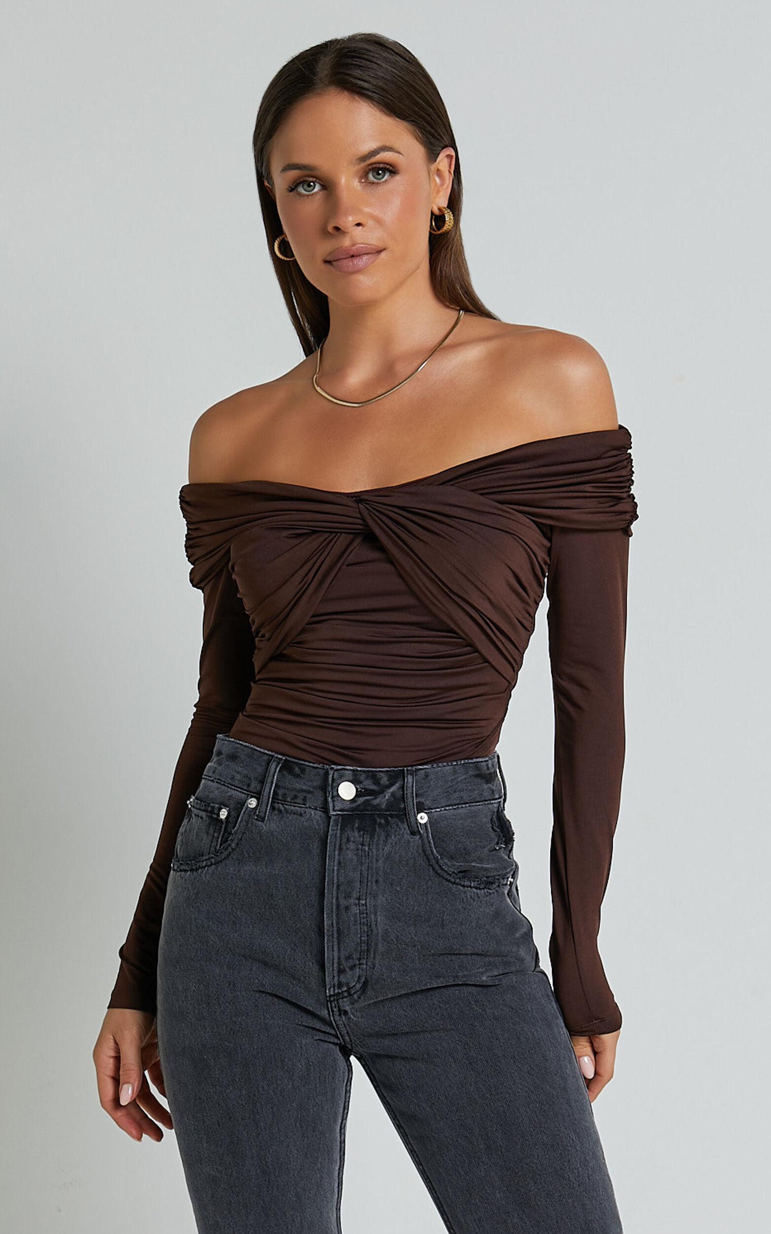 Shamaira Bodysuit - Twist Front Off Shoulder Long Sleeve in Brown Product Image