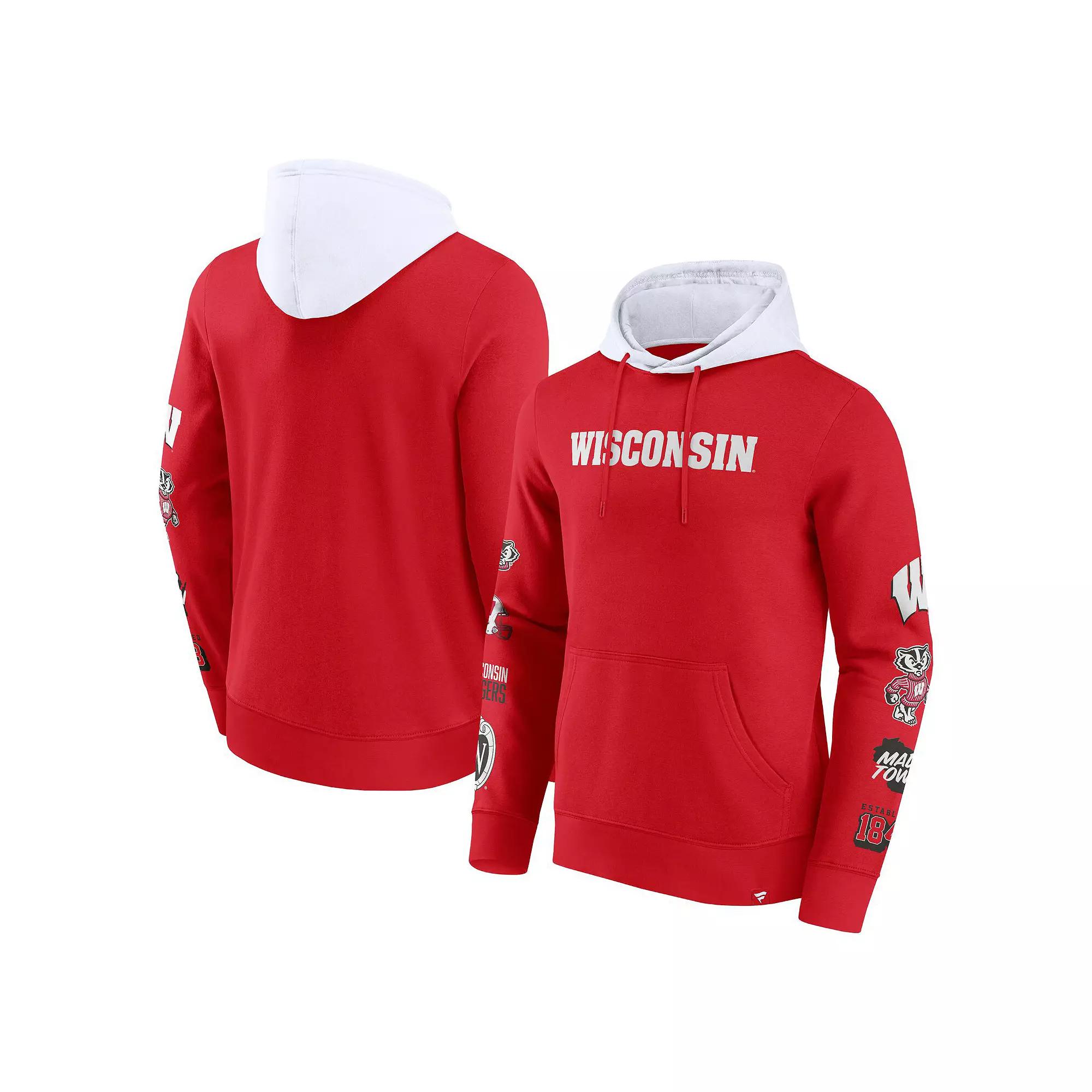 Men's Fanatics Red/White Wisconsin Badgers Color Block Badge Fleece Pullover Hoodie,  Product Image