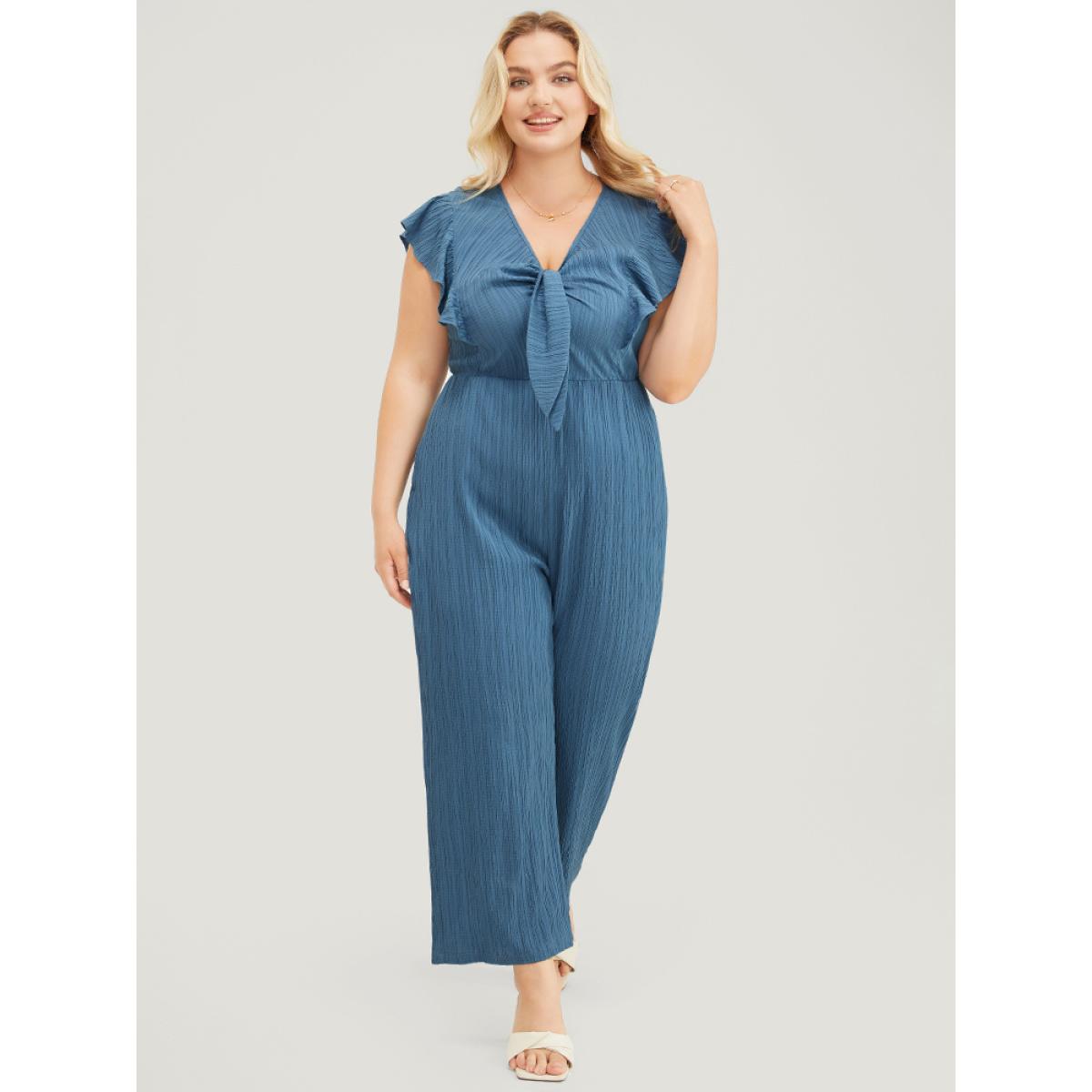 Plus Size Stone Solid Textured Ruffle Trim Cap Sleeve Pocket Knotted Jumpsuit Women Elegant Cap Sleeve V-neck Dailywear Loose Jumpsuits BloomChic 28/5X Product Image
