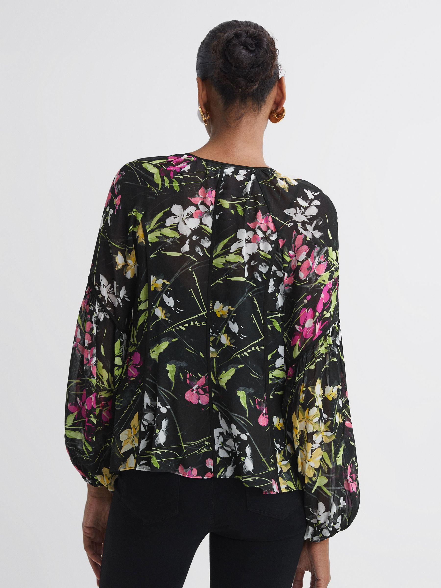 Florere Sheer Floral Tie Neck Blouse in Black Product Image