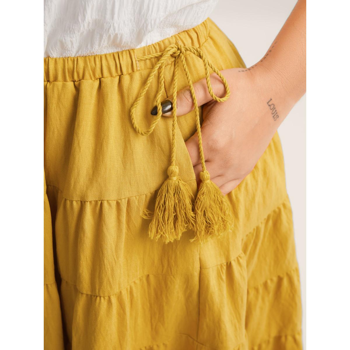 Plus Size Tassel Tie Tiered Midi Skirt Women Lemonyellow Side seam pocket Everyday-Casual Skirts BloomChic 22-24/3X Product Image