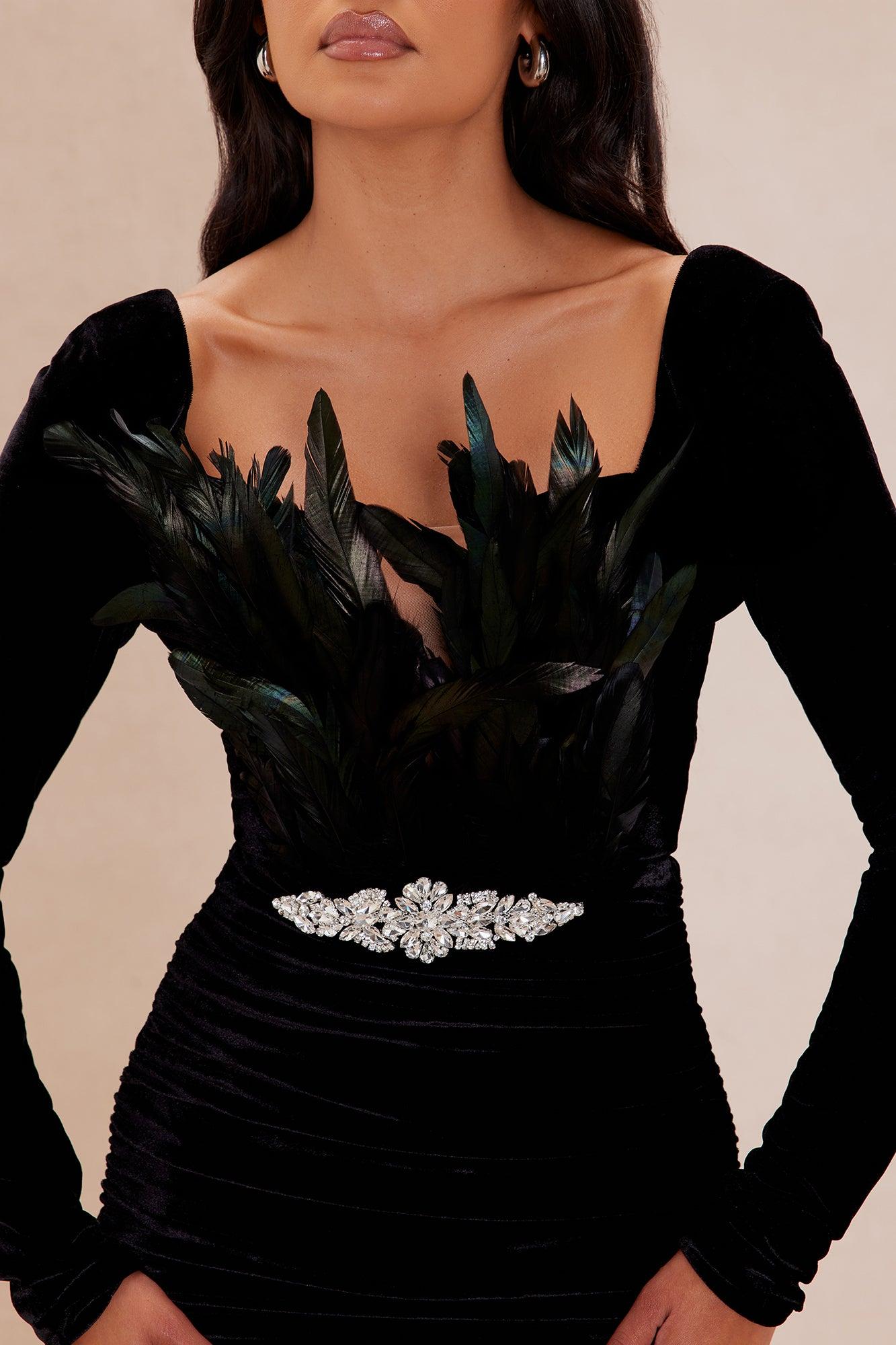 Ashley Feather Velvet Mini Dress - Black Product Image