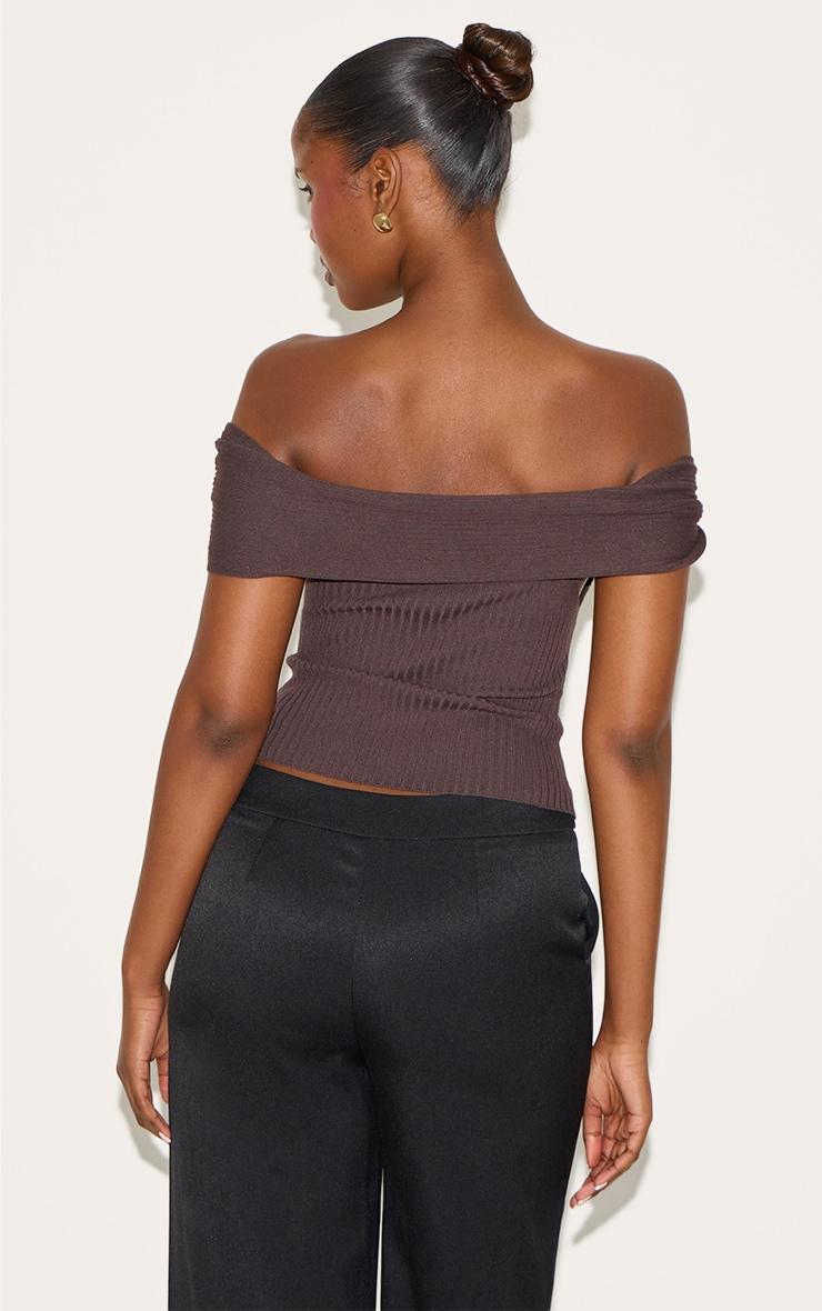 Chocolate Rib Knit Twist Bardot Button Through Top Product Image