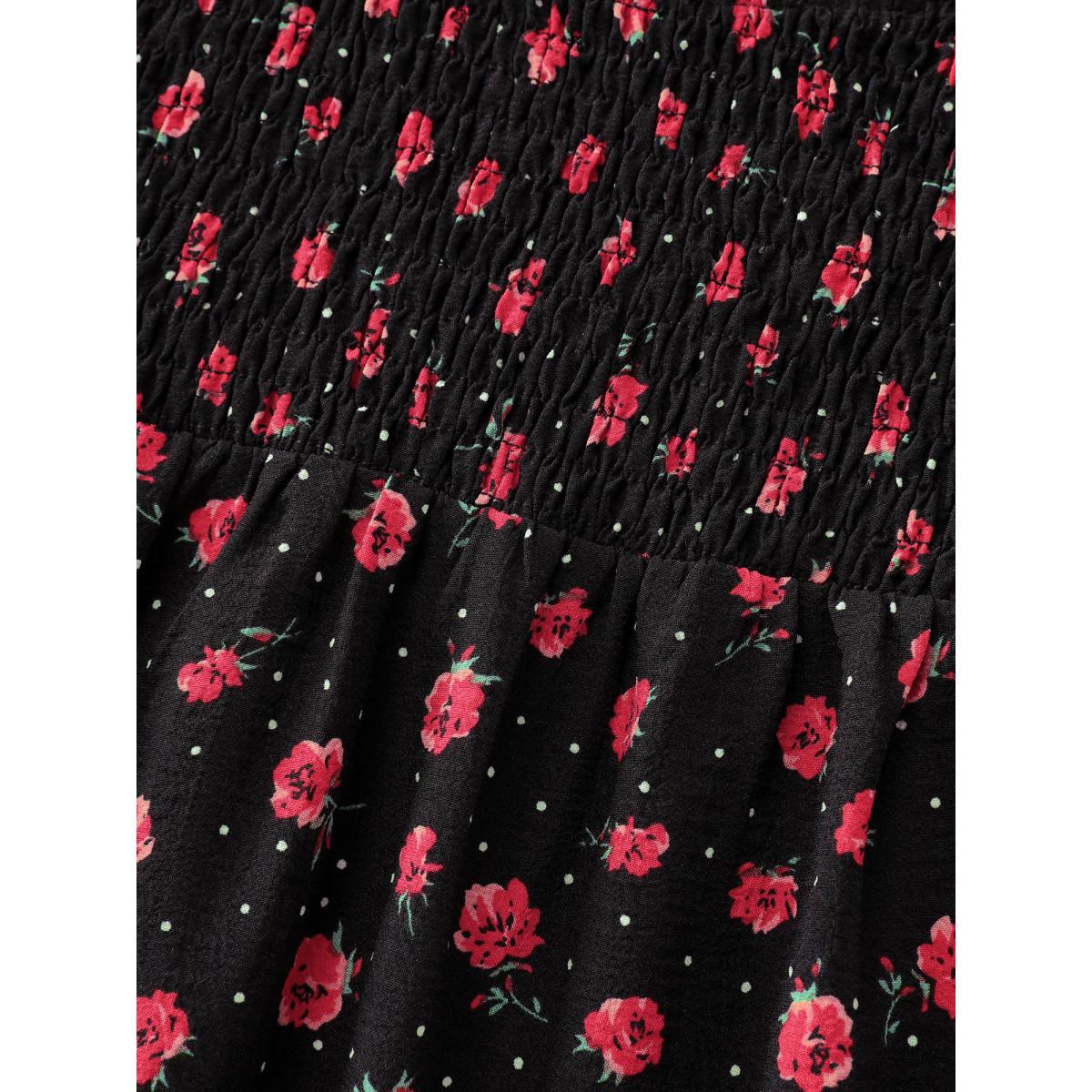 Plus Size Black Shirred Ruffled Collar Floral Blouse Women Romantic Long Sleeve Lace collar Elegant Blouses BloomChic 30/6X Product Image