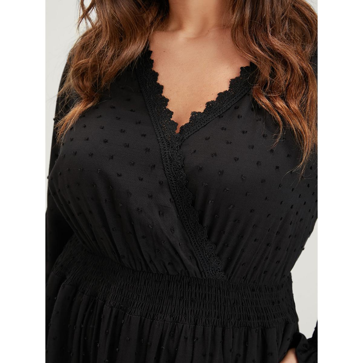 Plus Size Polka Dot Pocket Lantern Sleeve Lace Trim Shirred Dress Black Women Elegant Cross straps V-neck Long Sleeve Curvy Long Dress BloomChic 18-20/2X Product Image