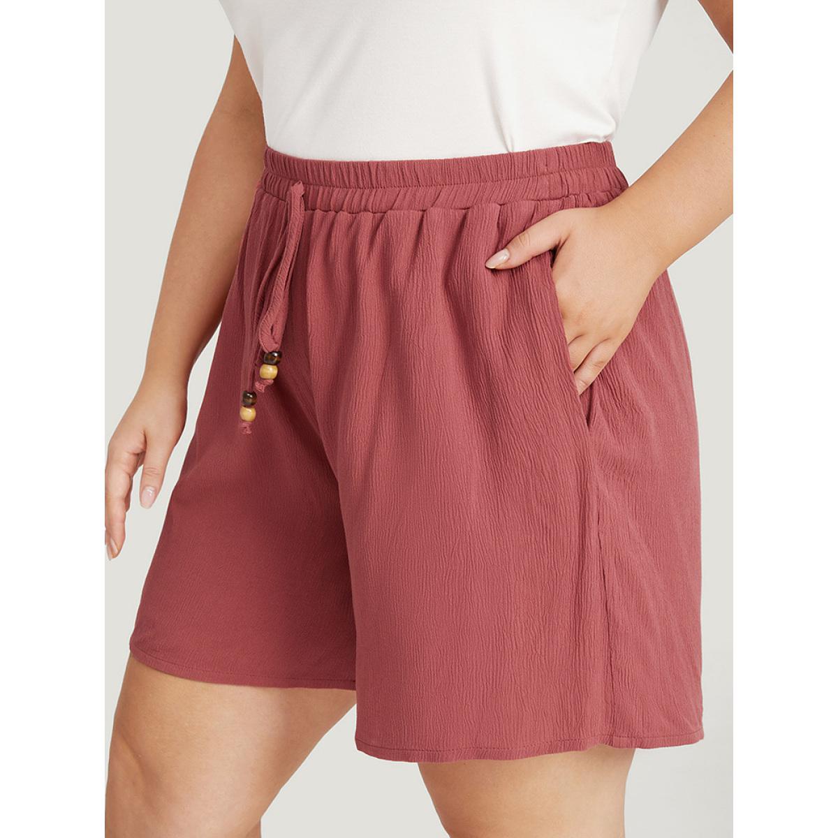 Plus Size Plain Ties Pocket Beaded Detail Shorts Women Rouge Vacation Beaded Dailywear Shorts BloomChic 10/M Product Image