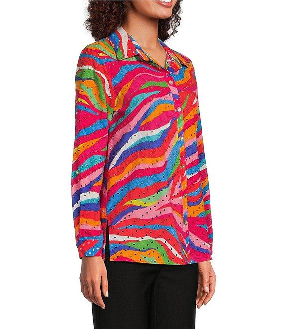 John Mark Petite Size Allover Eyelet Embroidered Watercolor Print Point Collar Long Roll-Tab Sleeve Button Front Blouse Product Image