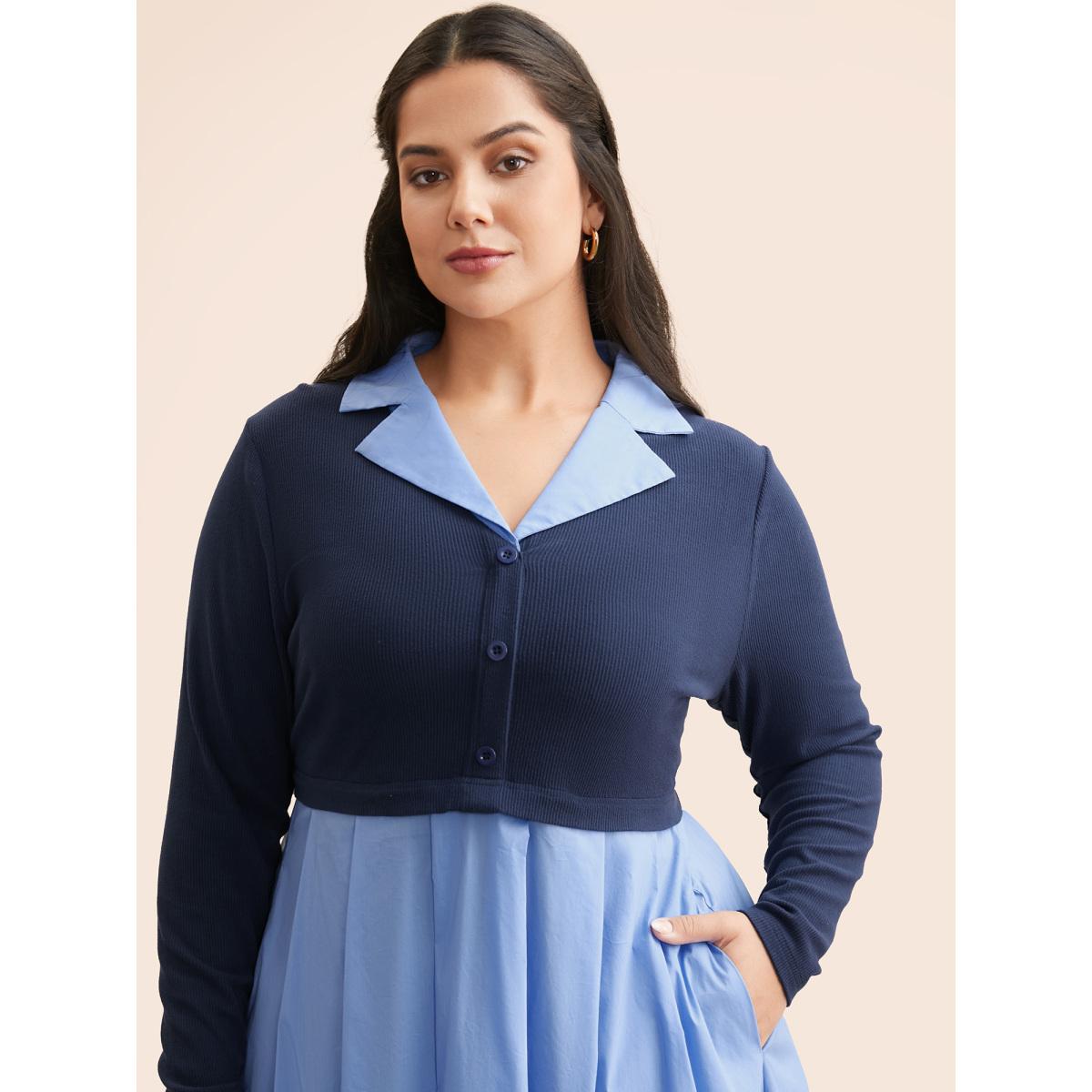 Plus Size 2-In-1 Contrast Patchwork Pleated Dress Indigo Women Elegant Texture Suit Collar Long Sleeve Curvy BloomChic 18-20/2X Product Image