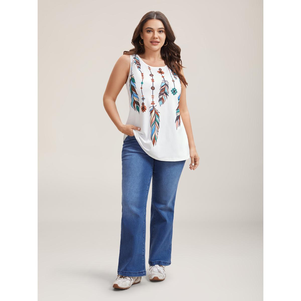 Plus Size Multi-Color Feather Print Stretchy Vest Women Opticwhite Casual Non Round Neck Everyday Tank Tops Camis BloomChic 10/M Product Image