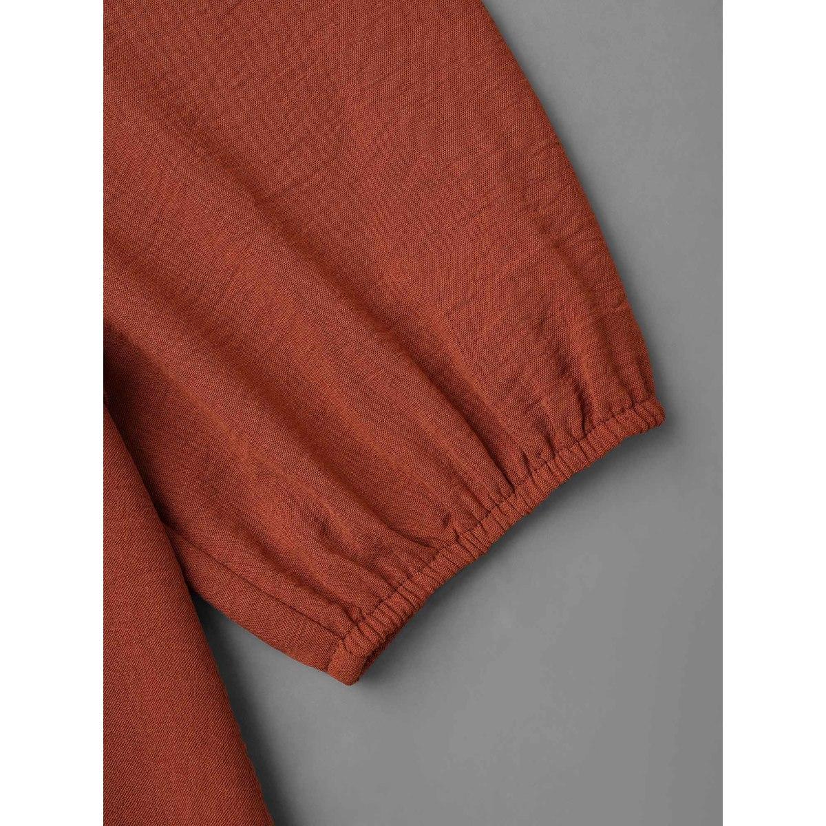 Plus Size Plain Frill Trim Ruffle Layered Hem Dress Russet Women Resort Gathered V-neck Long Sleeve Curvy BloomChic 28/5X Product Image